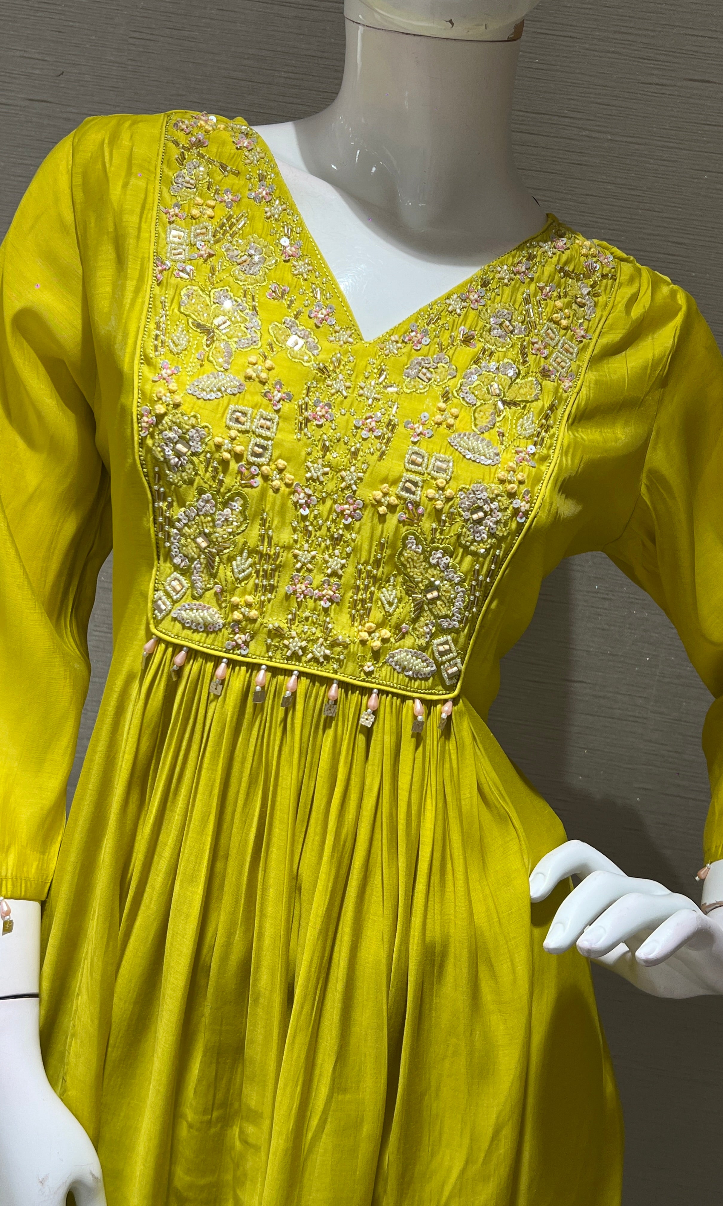 Light yellow EMBROIDERED MUL CHANDERI KURTA SET