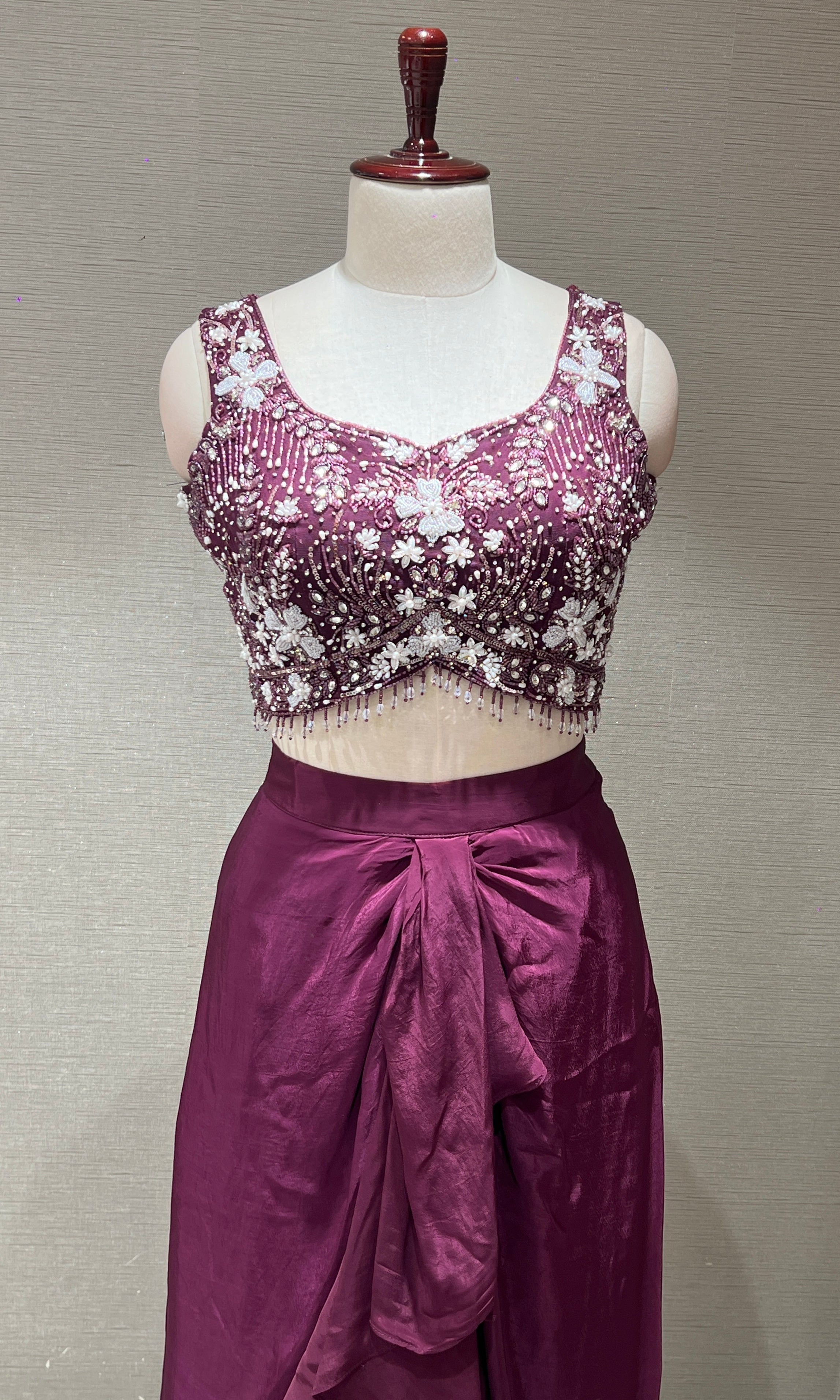 Wine Crystal Sequin BLOUSE with Ruffle Drape Skirt