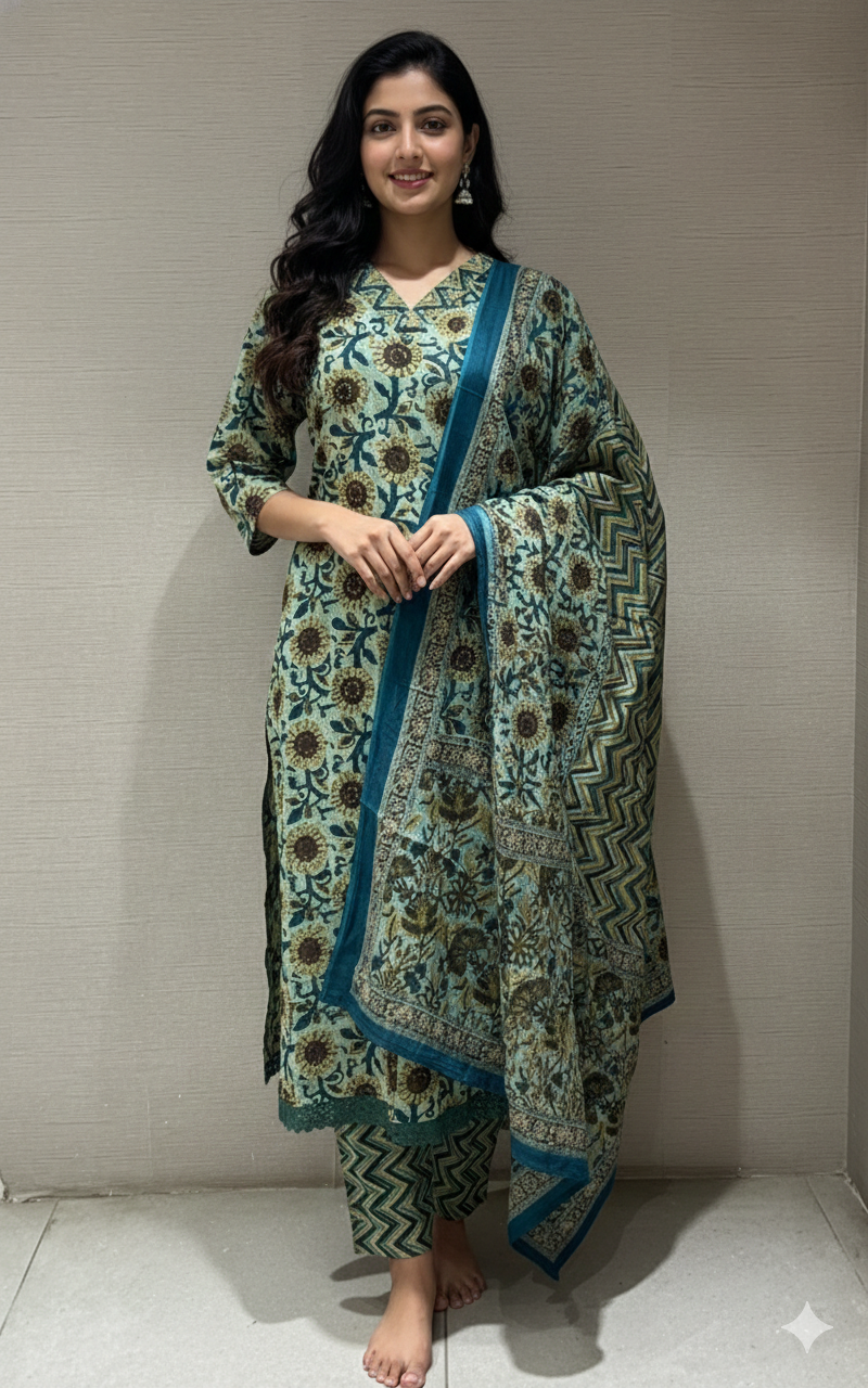 Green FLORAL PRINTED KURTA SET
