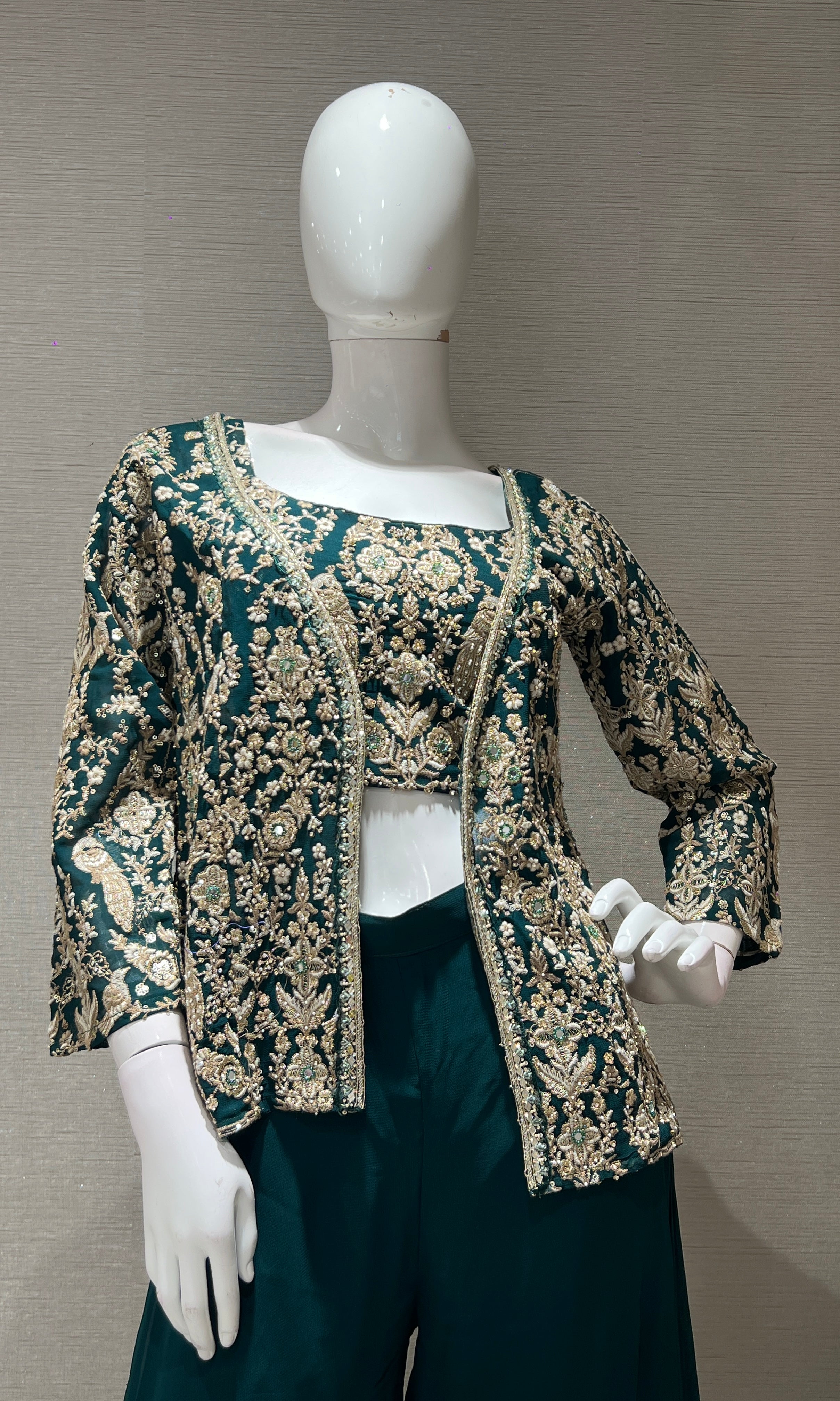 Green EMBROIDERED palazzo SET WITH JACKET