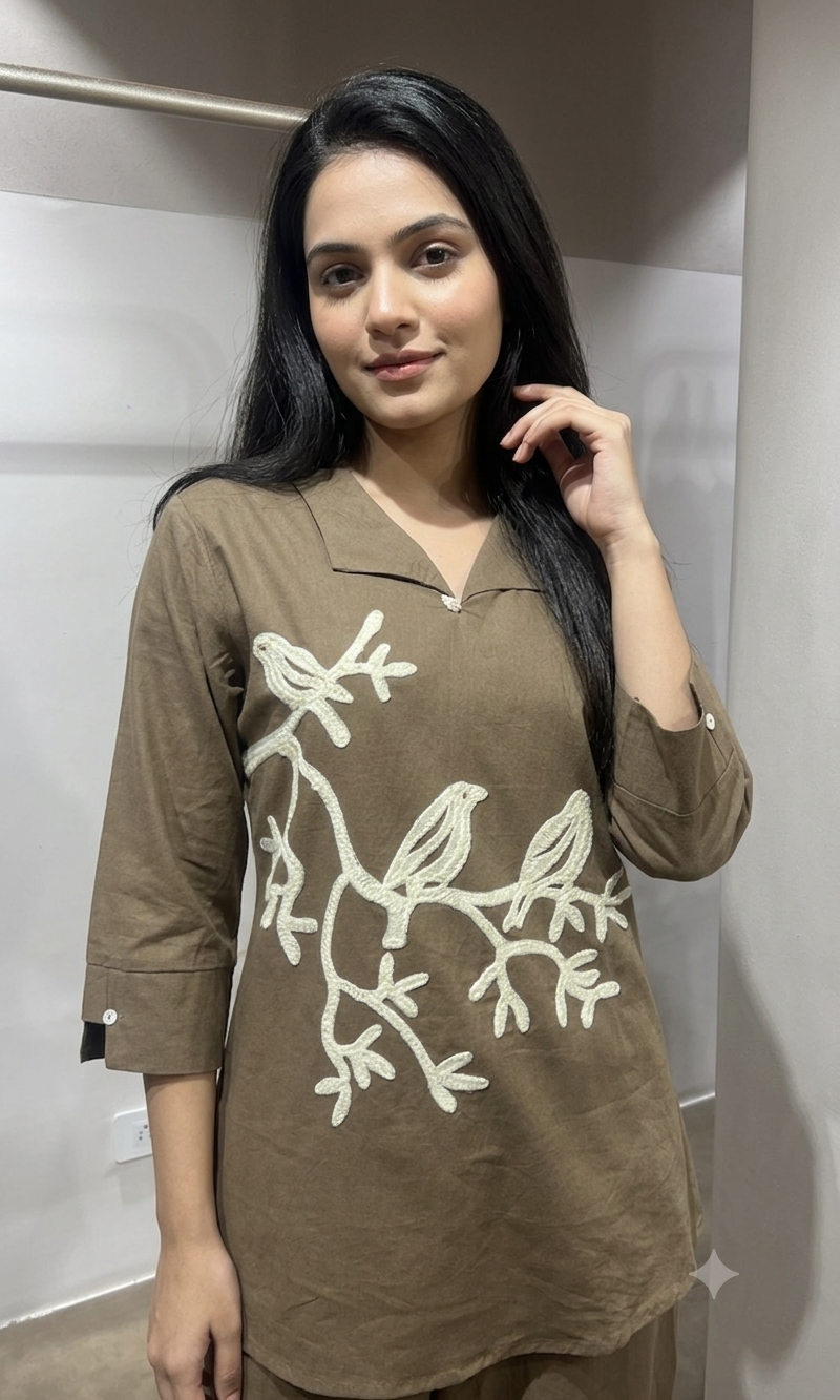 Brown Bird Print Tunic Cord set