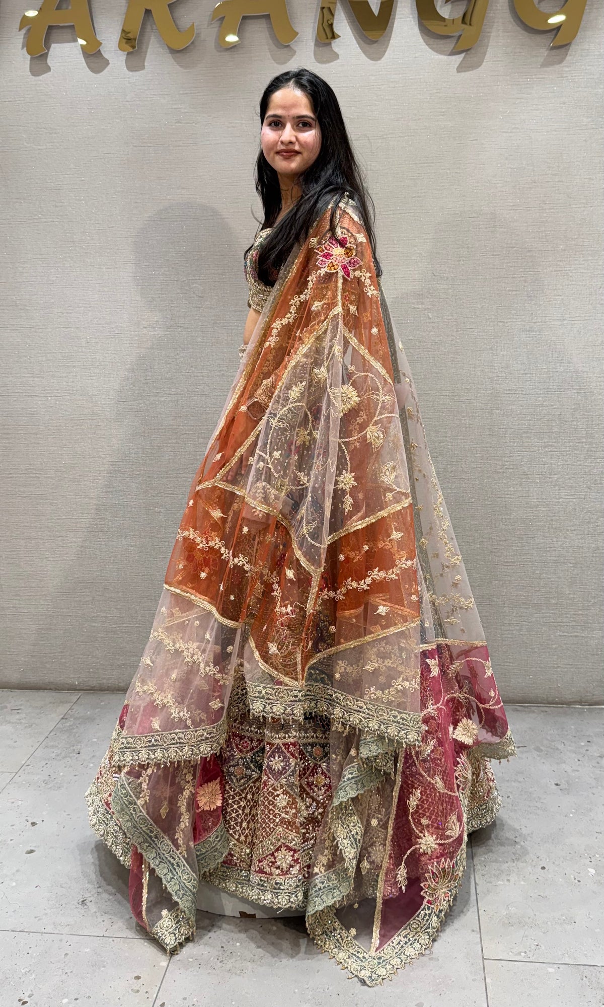 PINK Multicolour Floral Embroidered netted bridal Lehenga