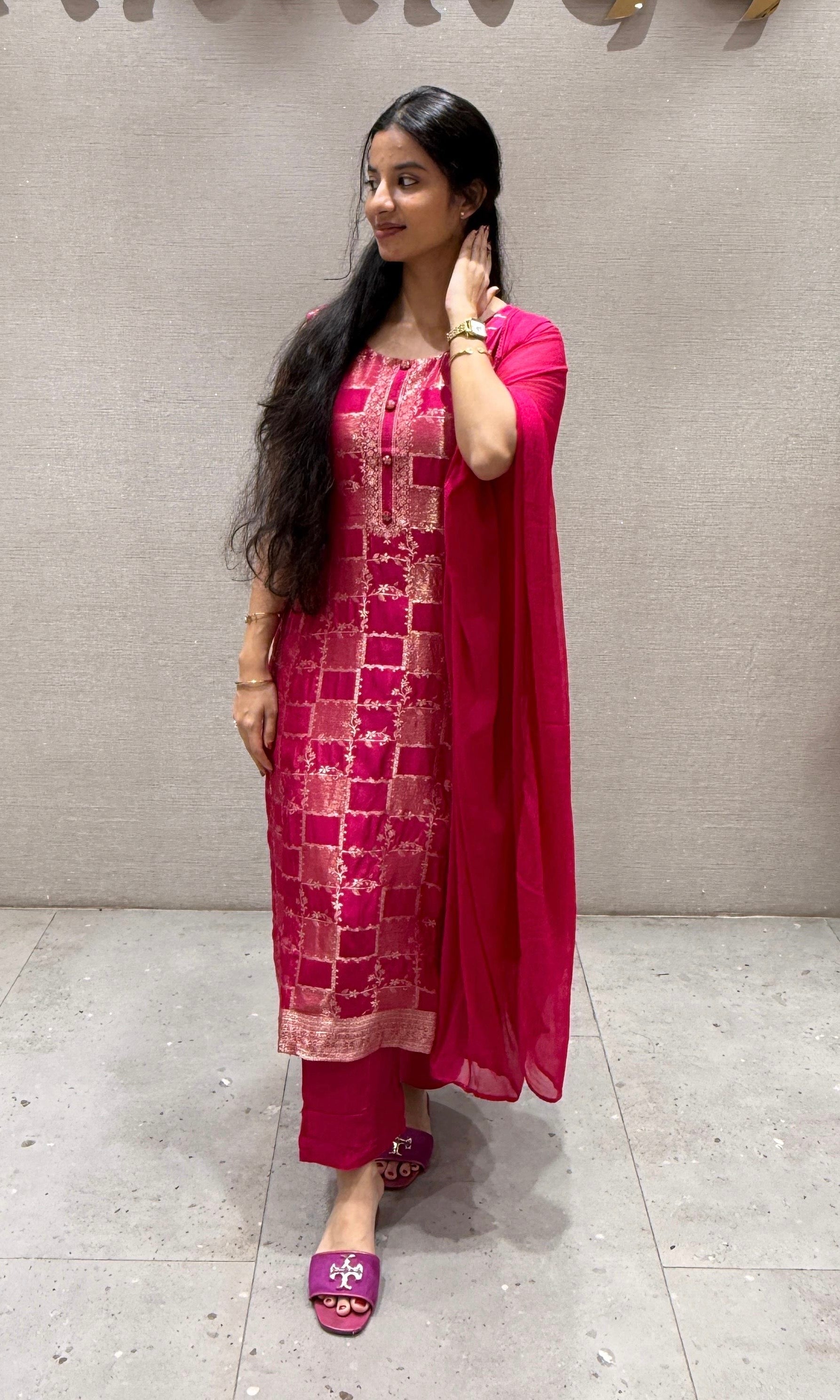 Rani Pink Silk Embroidered Zari Kurta Set