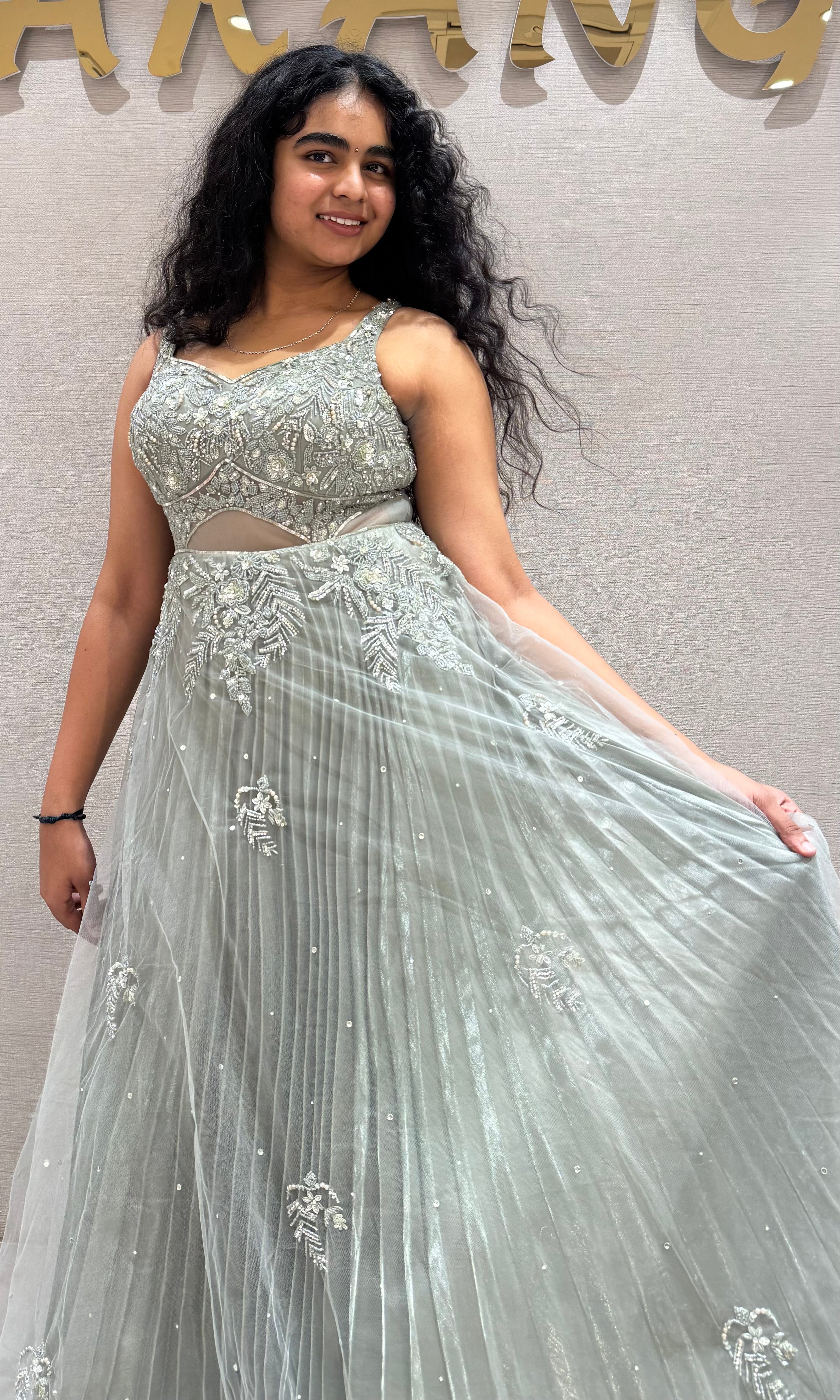 Pastel Green Sage Floral Applique Gown