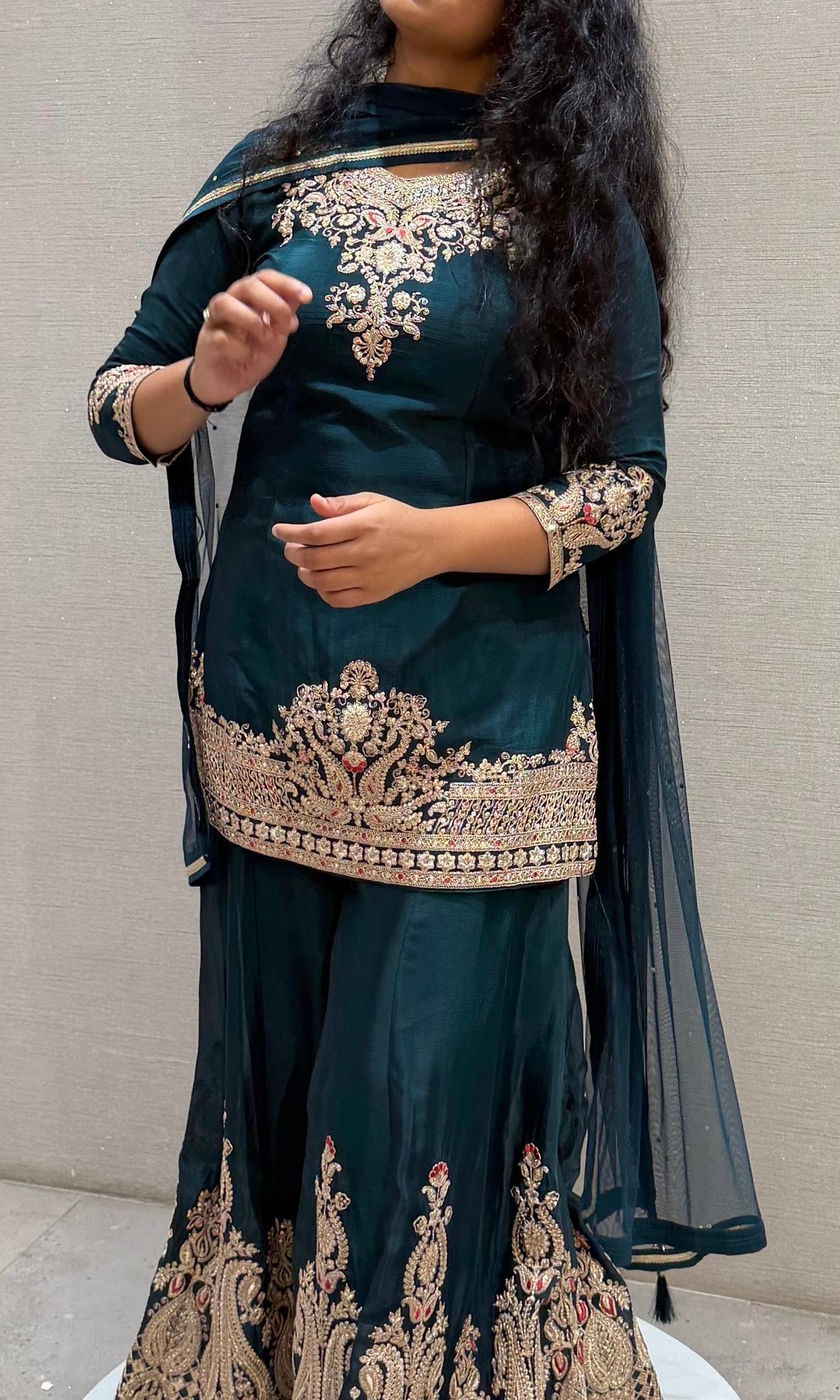BOTTEL Green Silk Embroidery Sharara Suit