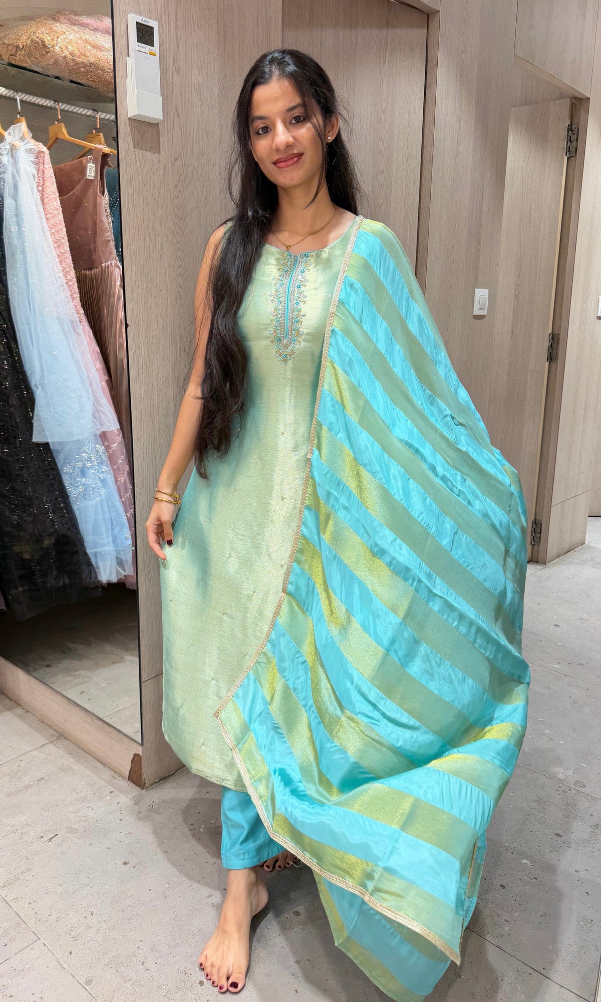 Sea Blue Banarasi silk Kurta Set with Patterned Dupatta
