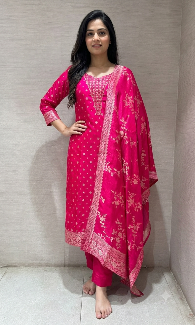 Pink Bandhani Print Kurta set with Floral Dupatta