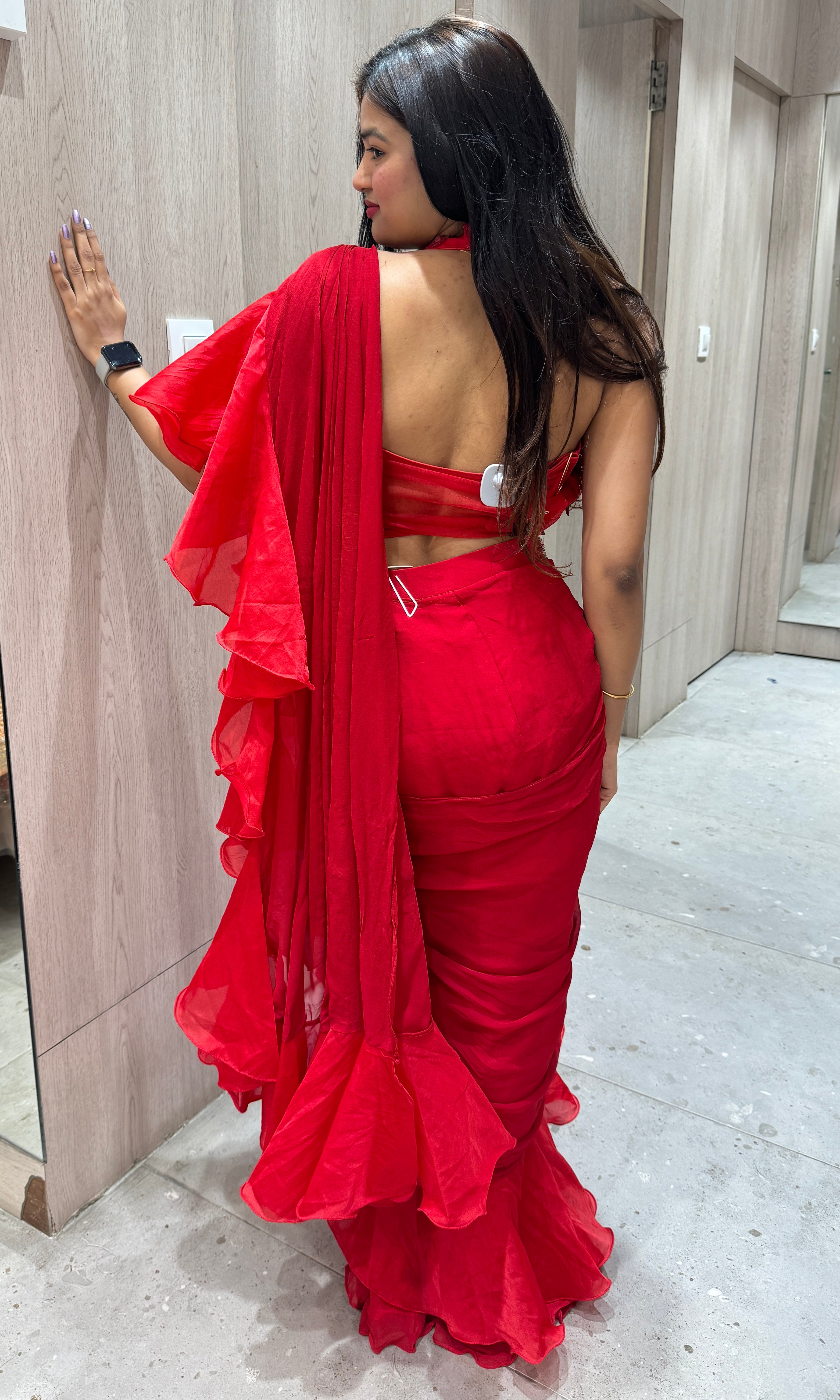 Red Ruffle Drape Saree with Halter Blouse