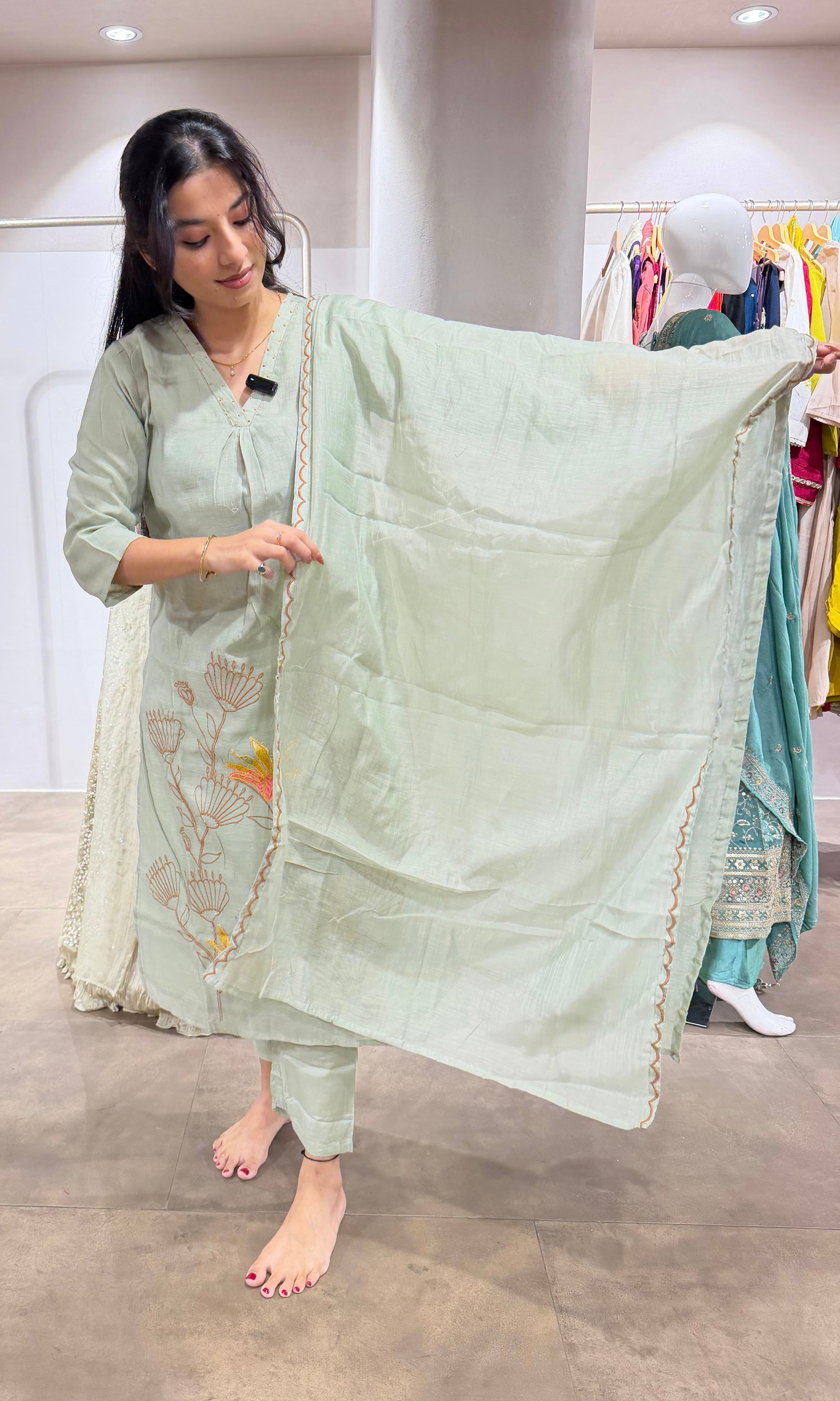 Pista green Floral Embroidered KURTA SET