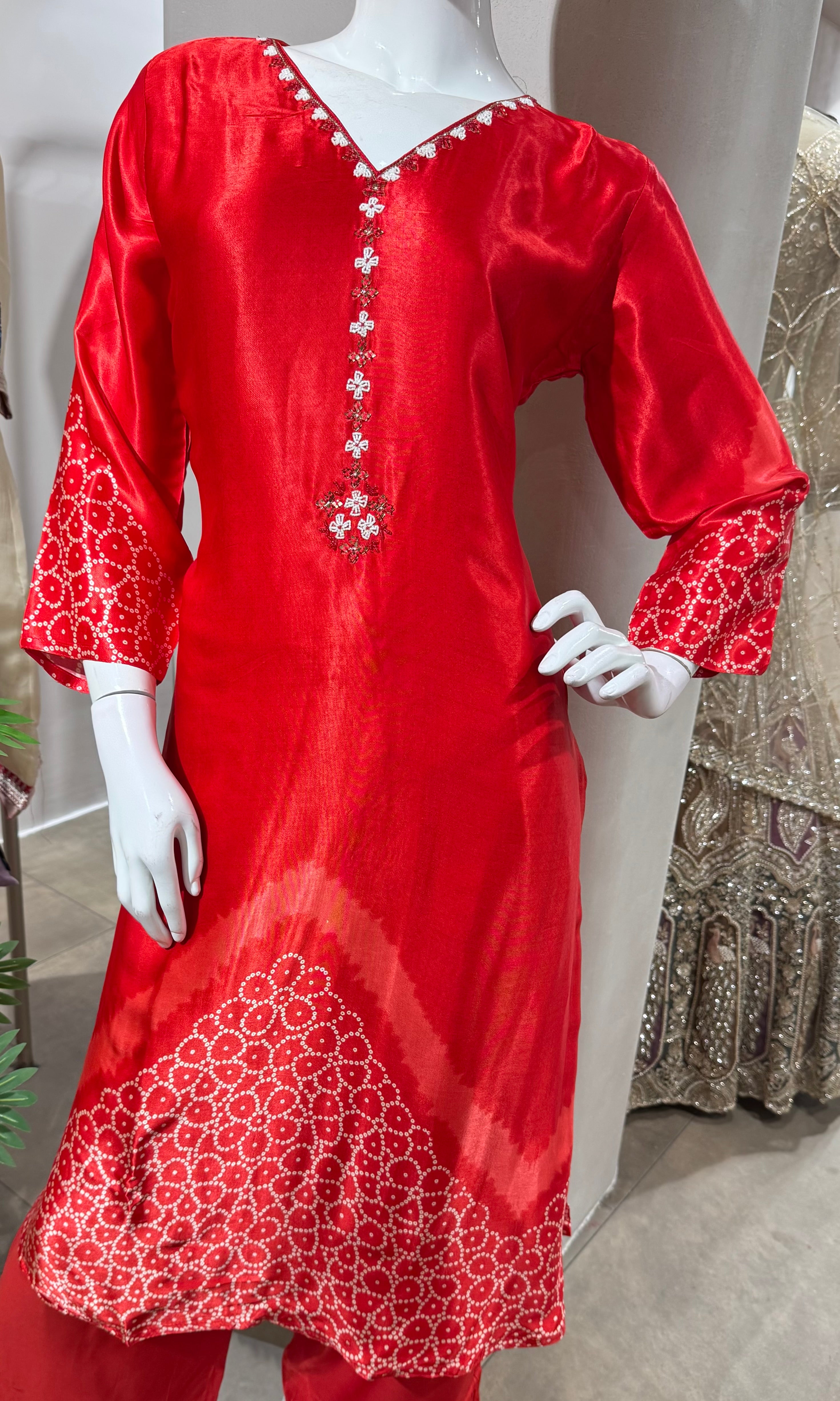RED EMBROIDERED KURTI WITH BOTTOM