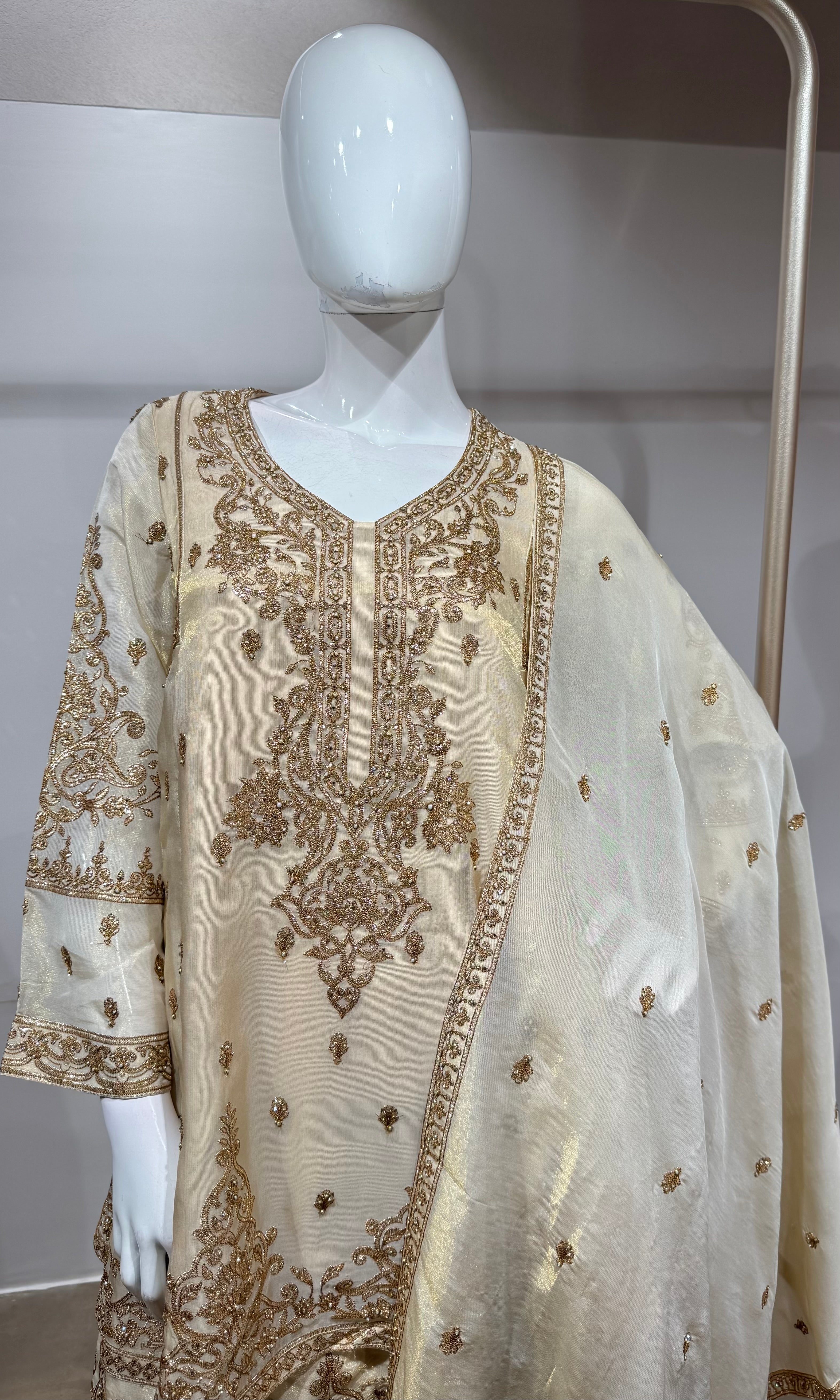 gold tissue suit with golden embroidery & straight pants