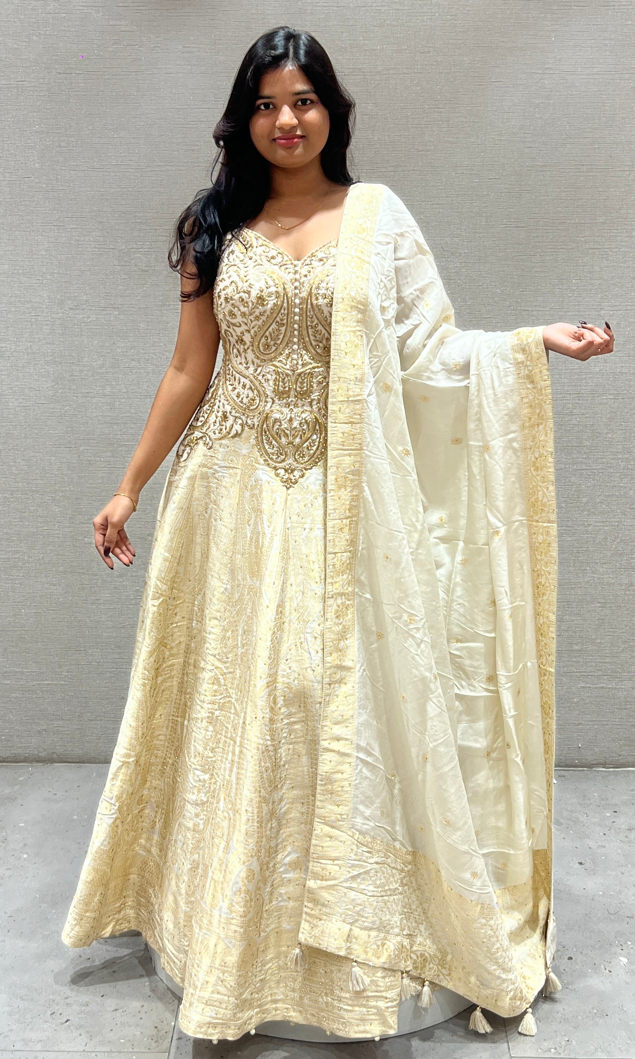 Cream and Gold Zardozi Anarkali Gown