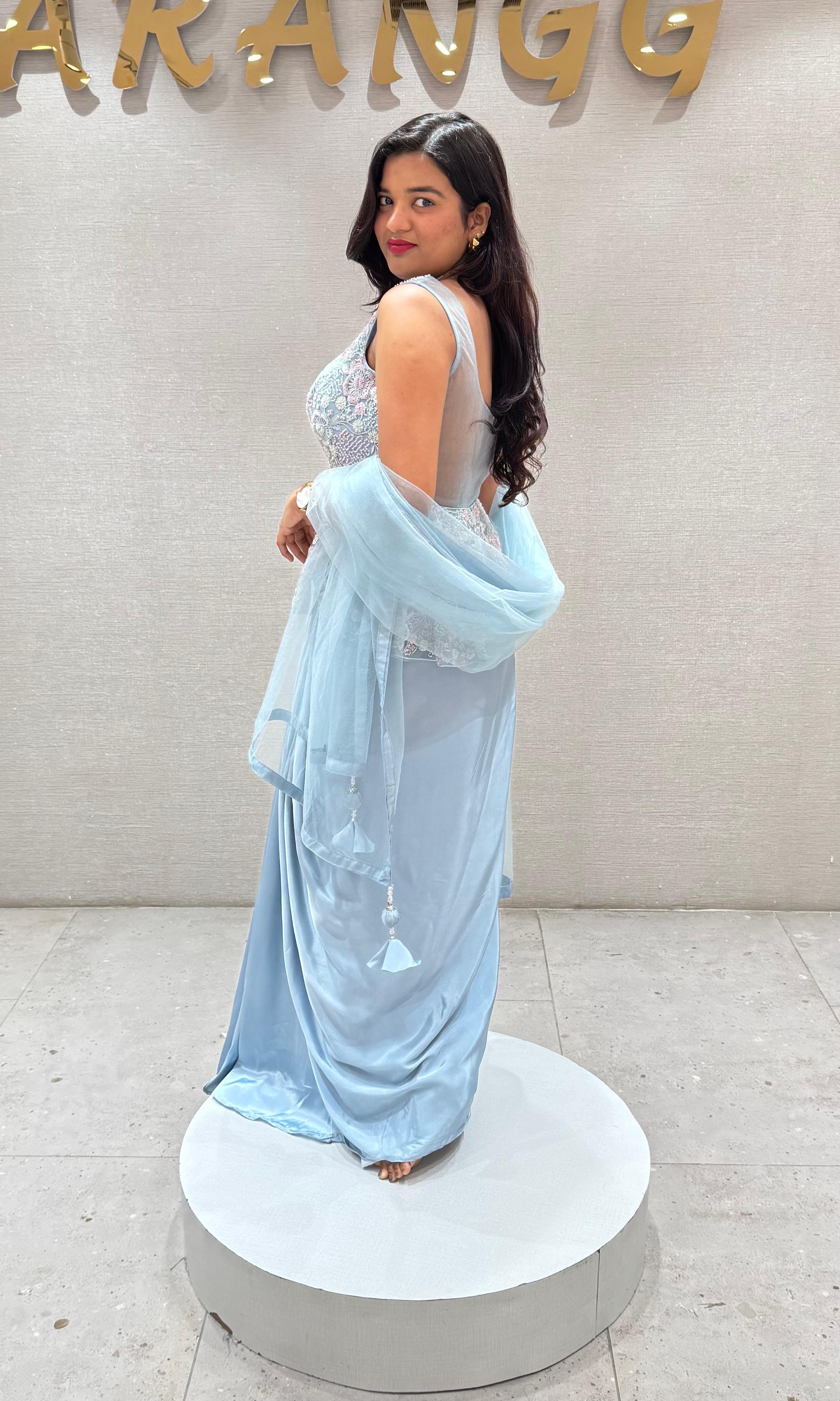 Sea blue EMBROIDERED PEPLUM BLOUSE WITH SKIRT