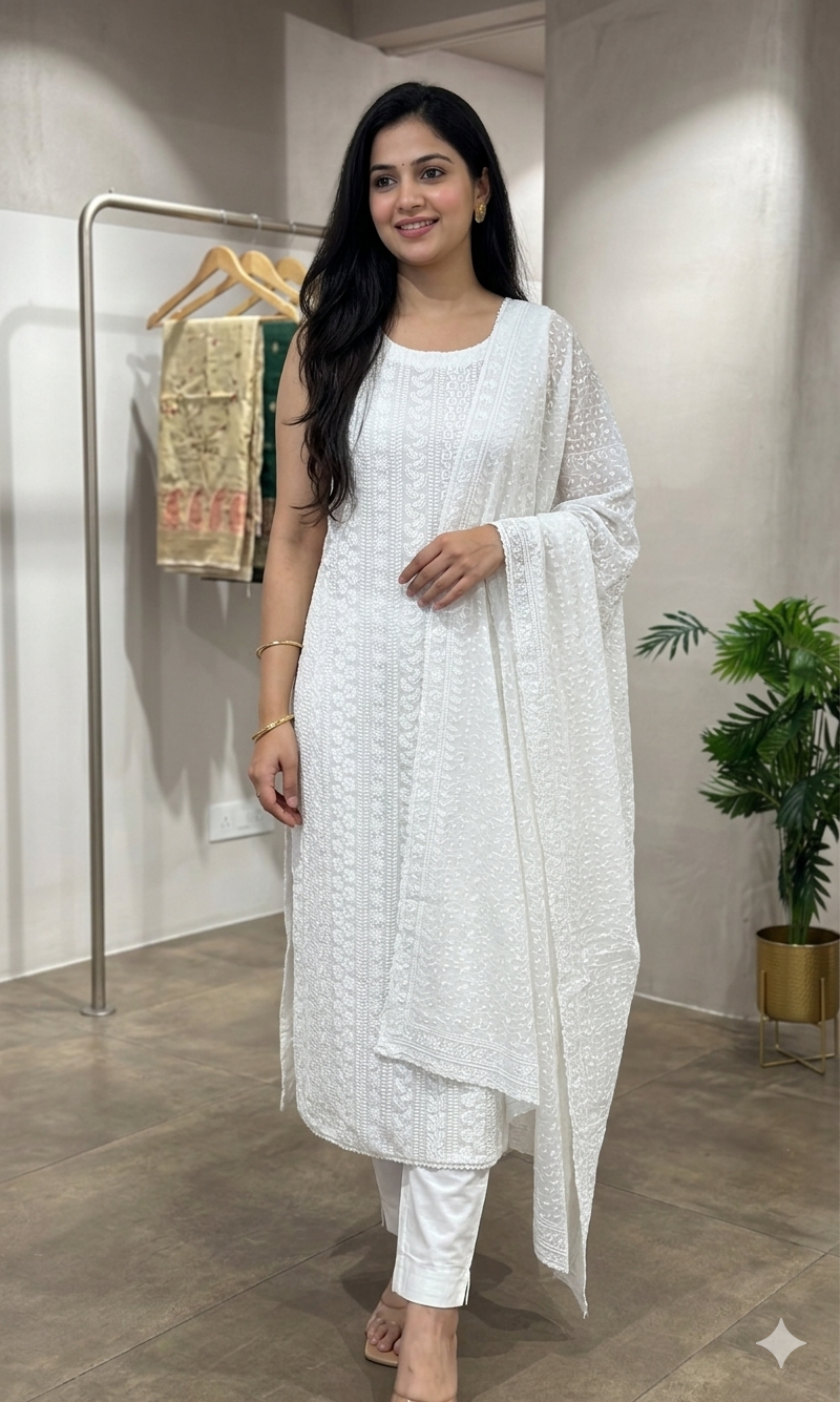 WHITE CHIKANKARI DRESS MATERIAL