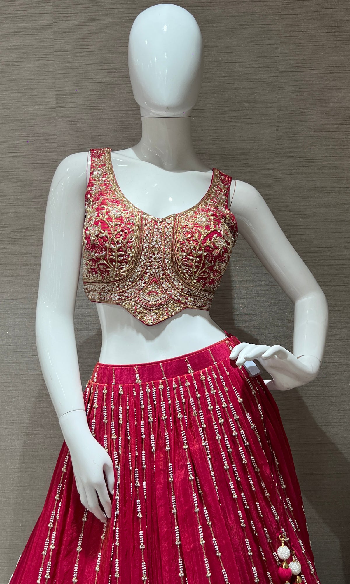 Bright red maroon tissue Embroidered Lehenga