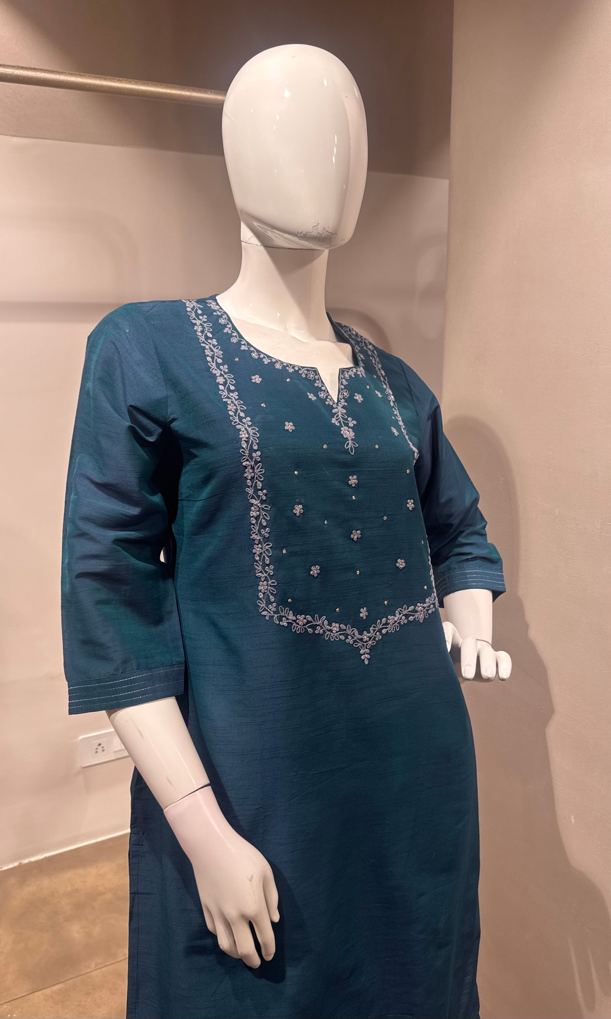 Blue Embroidered Straight Kurta Pant & Dupatta Set