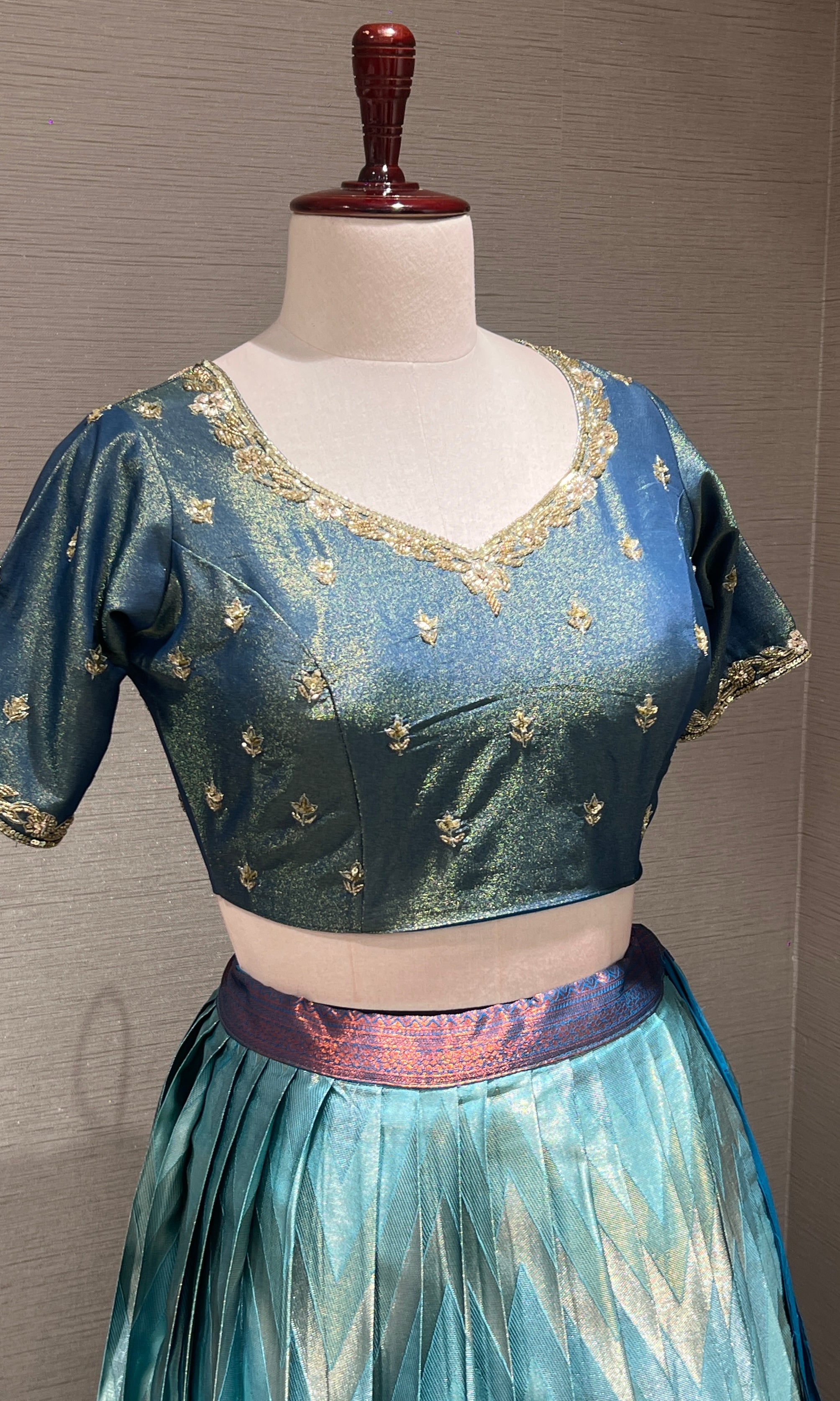Blue Banarasi Lehenga with Navy Border