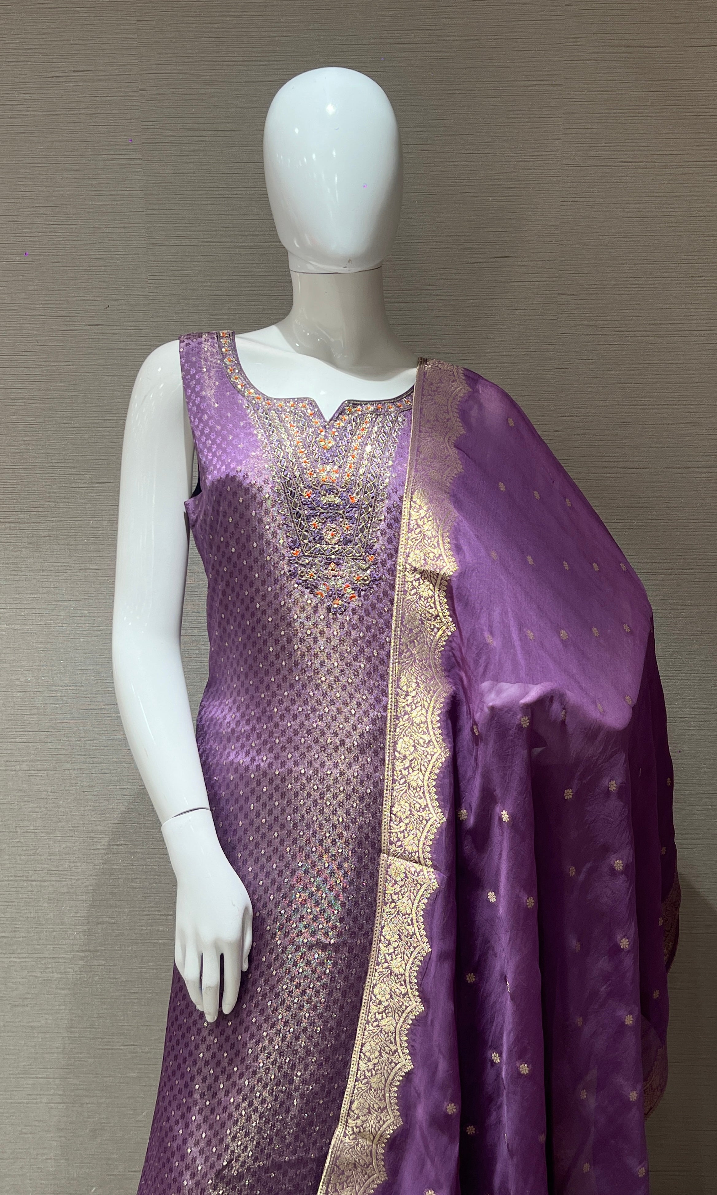 Purple banarasi Kurta Set with Gold Border