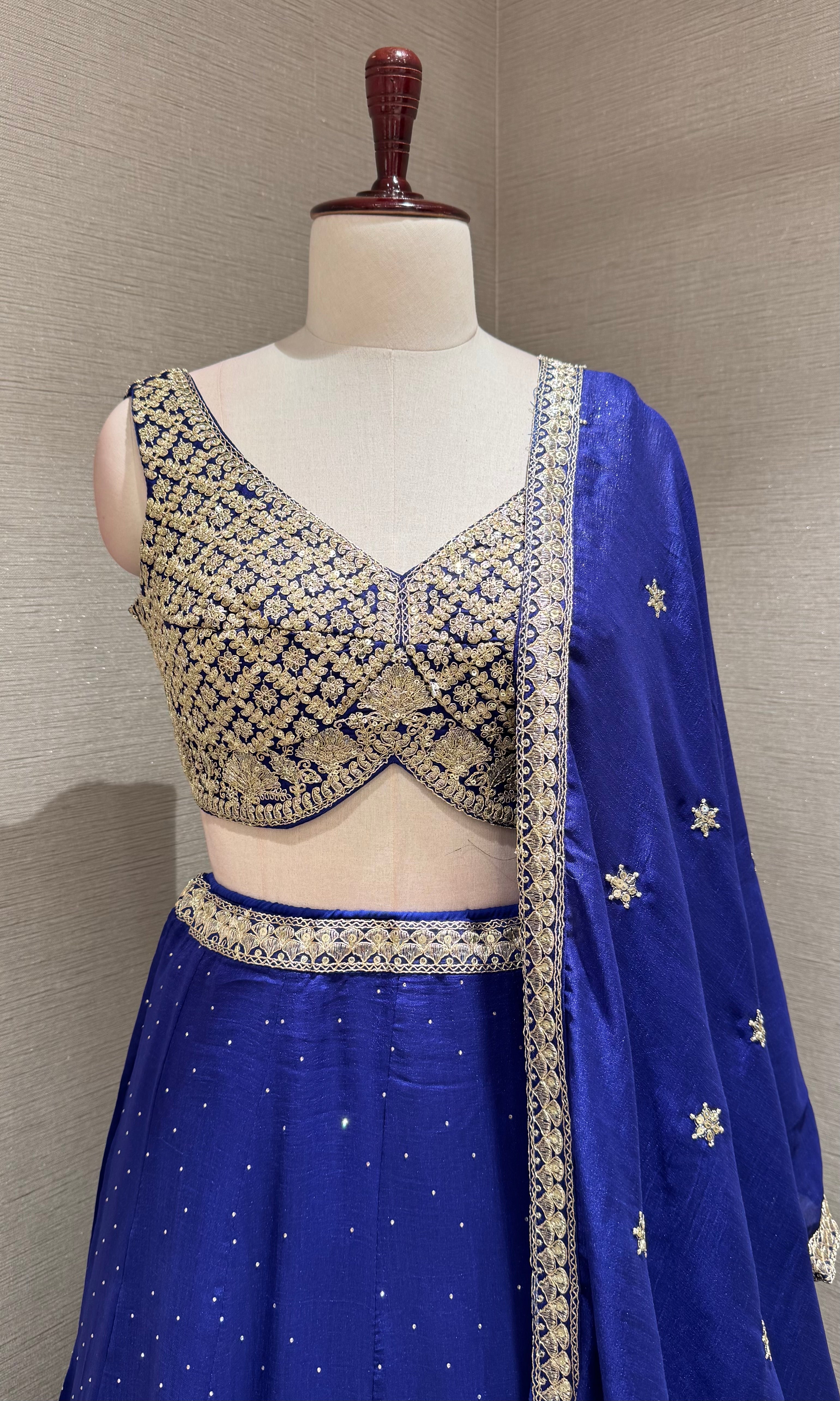 royal blue lehenga set with intricate gold & silver embroidery