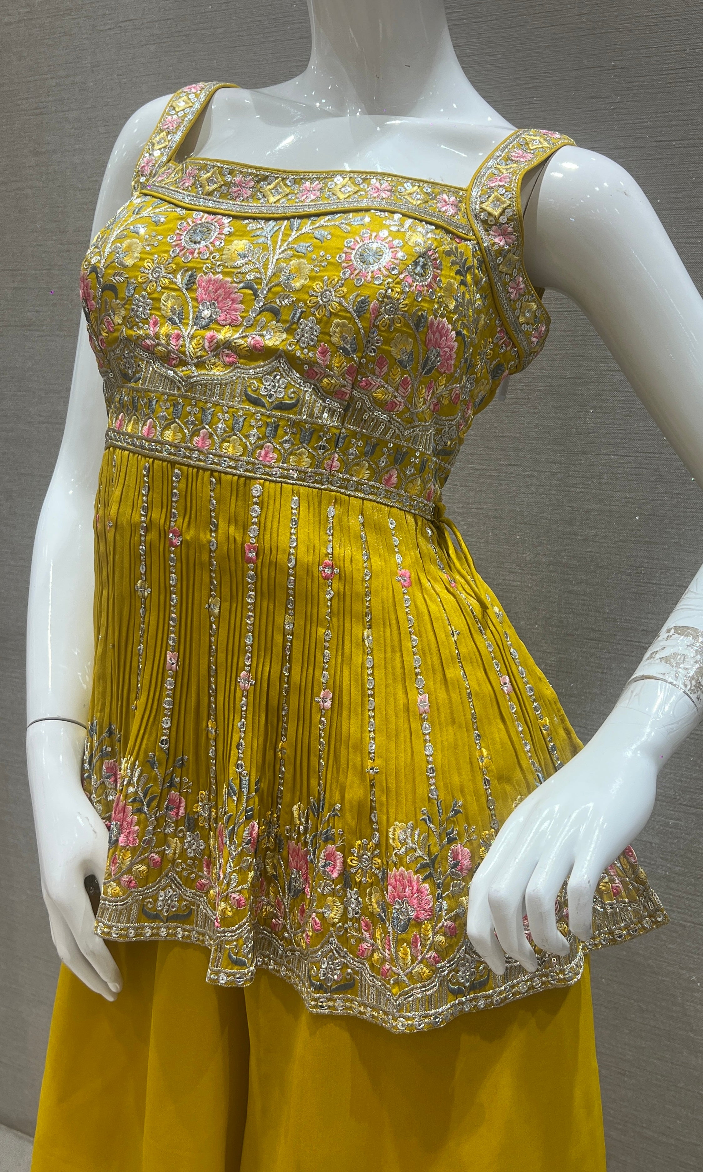 Yellow palazzo set with Embroidered peplum top
