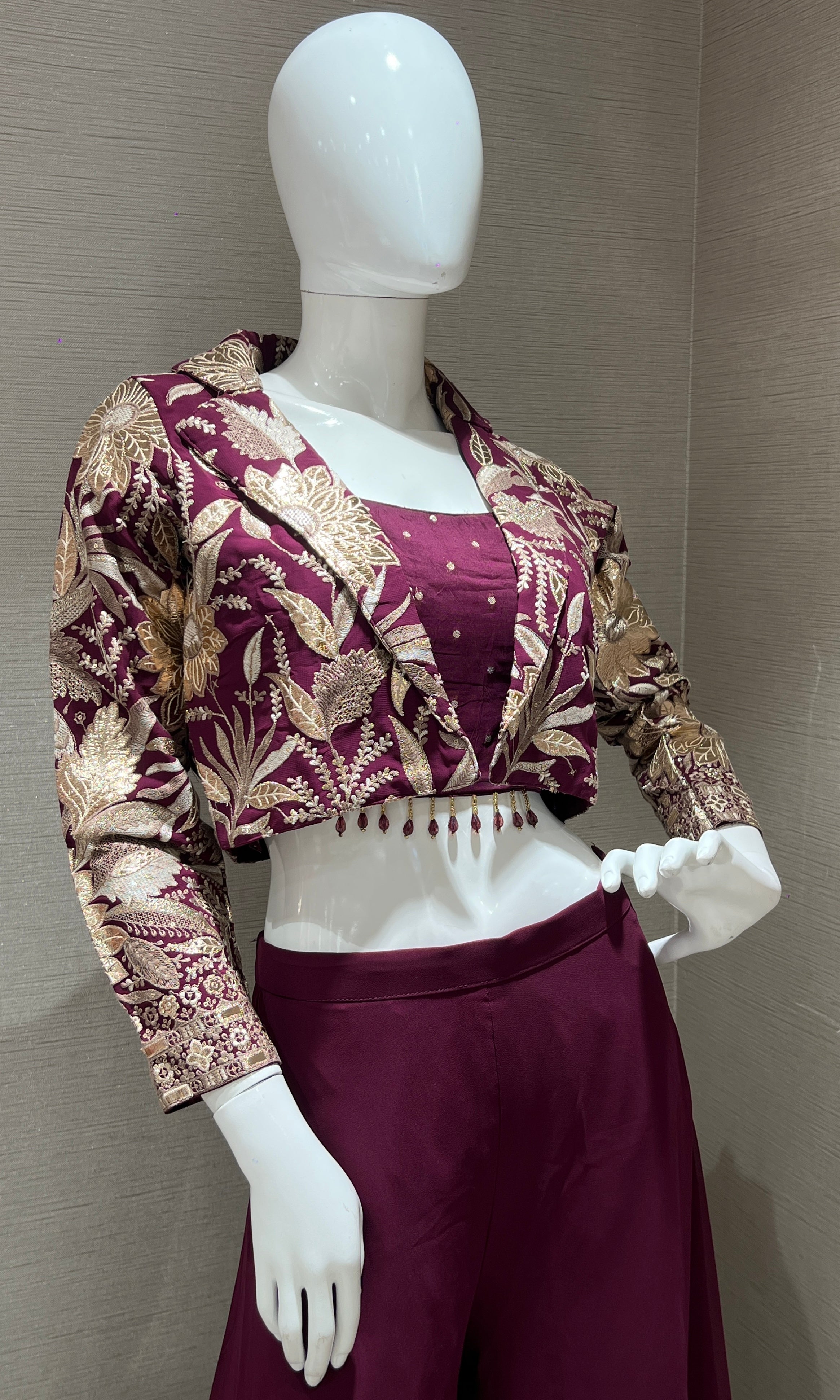 Wine Palazzo set with Embroidered Jacket