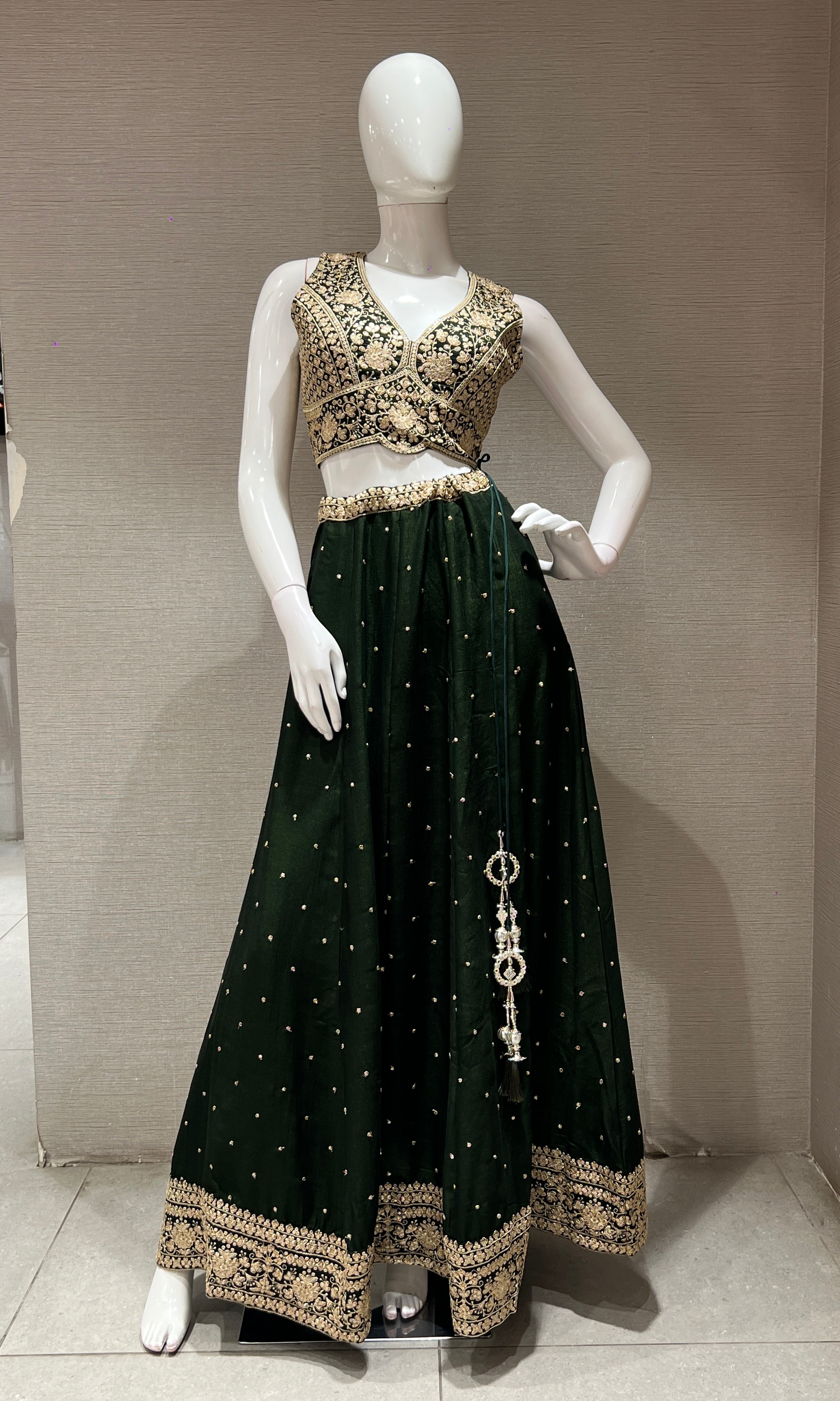 Bottle green golden embroidered lehanga