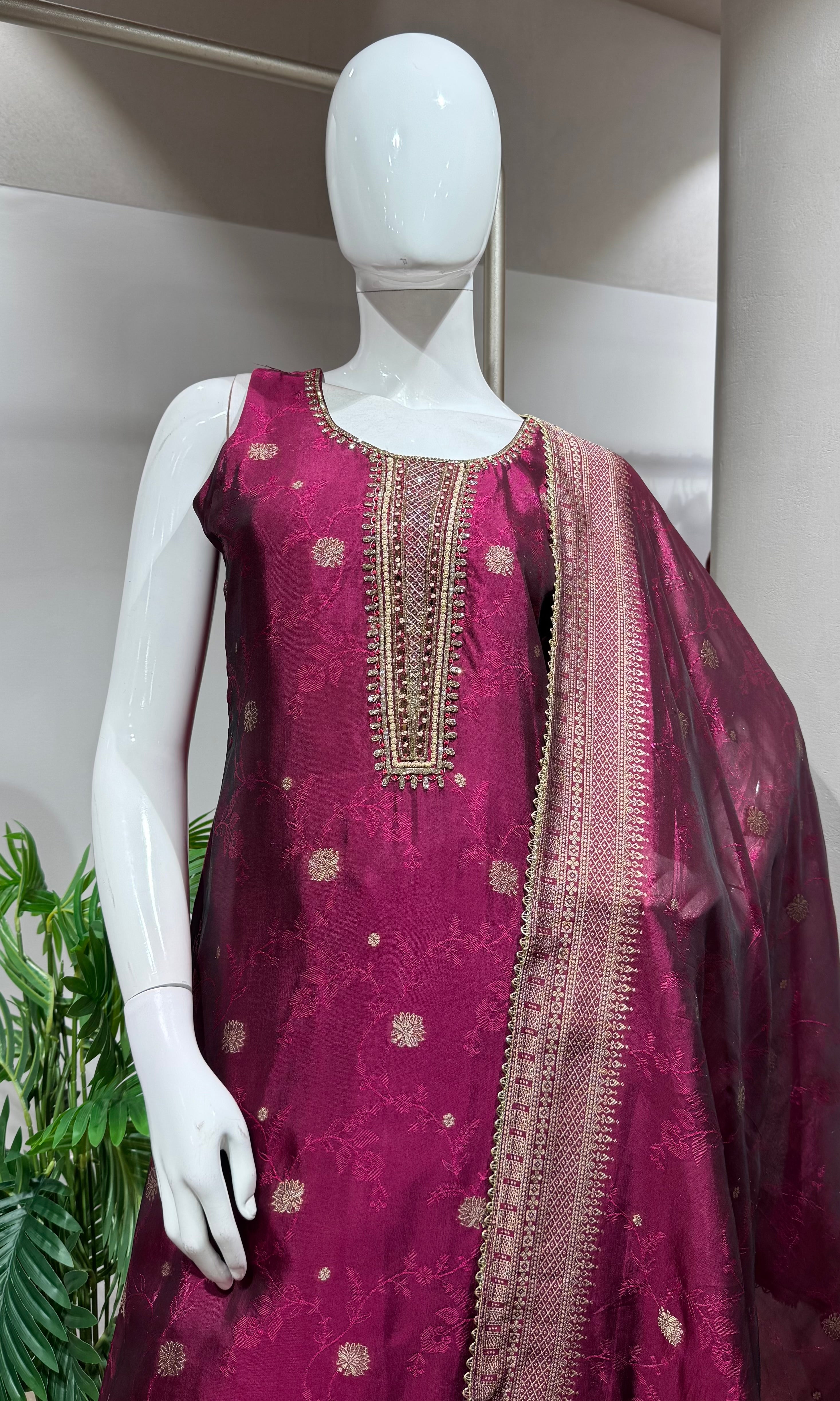 Wine Silk Embroidered kurta Set