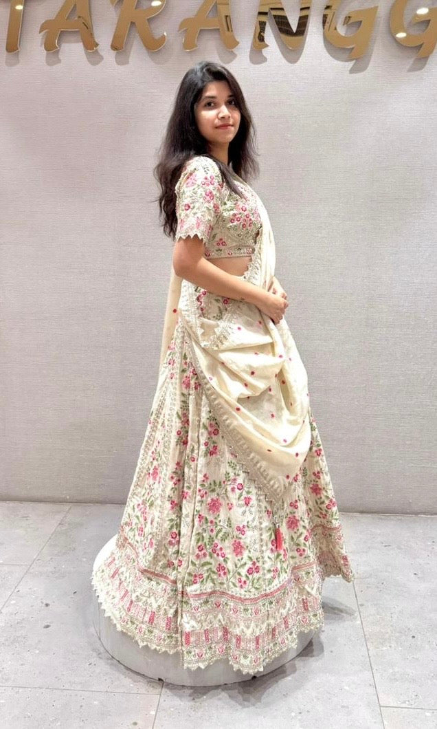 Ivory white cream Floral Embroidered Lehenga