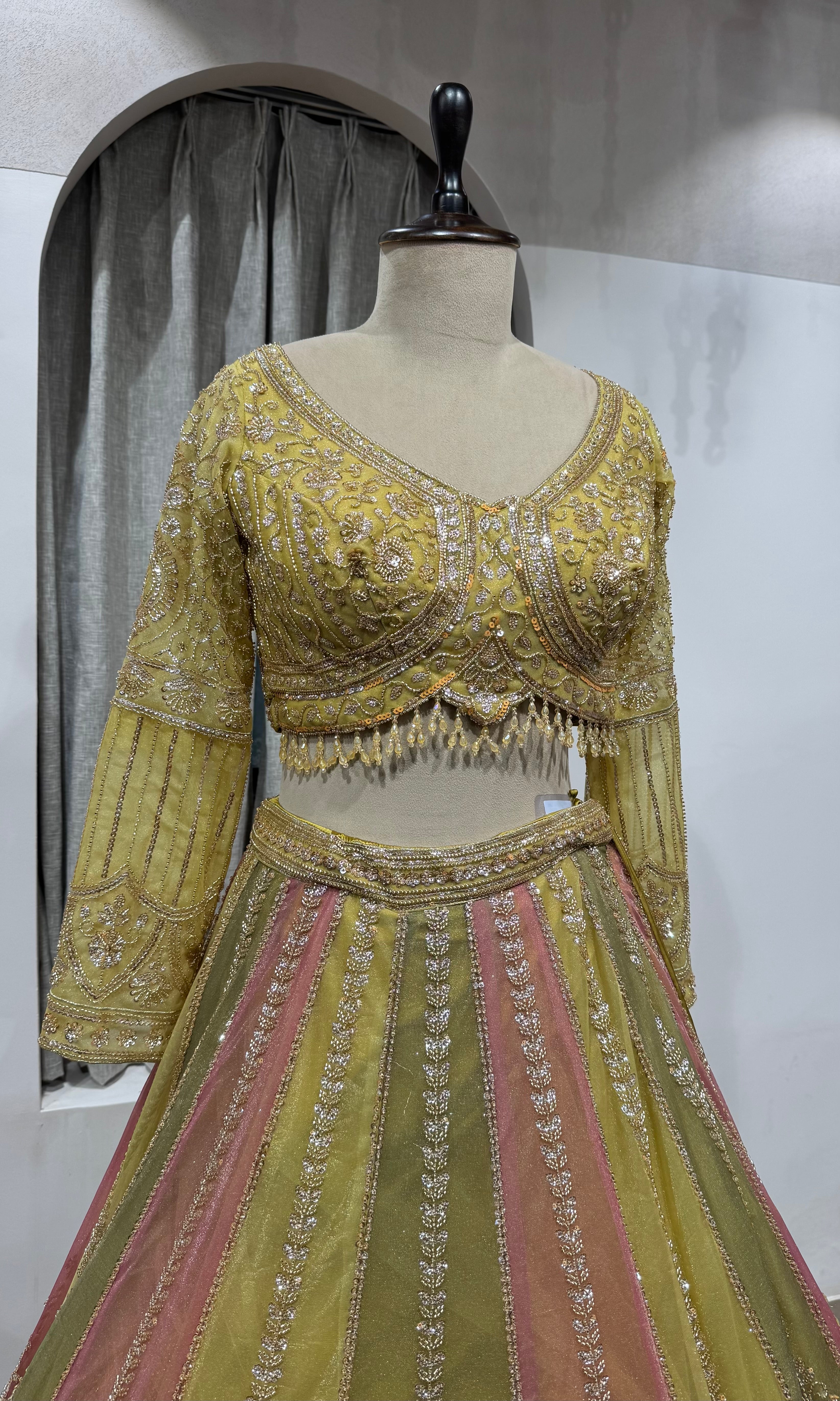 Lime Green & Blush Pink Embroidered Lehenga Set