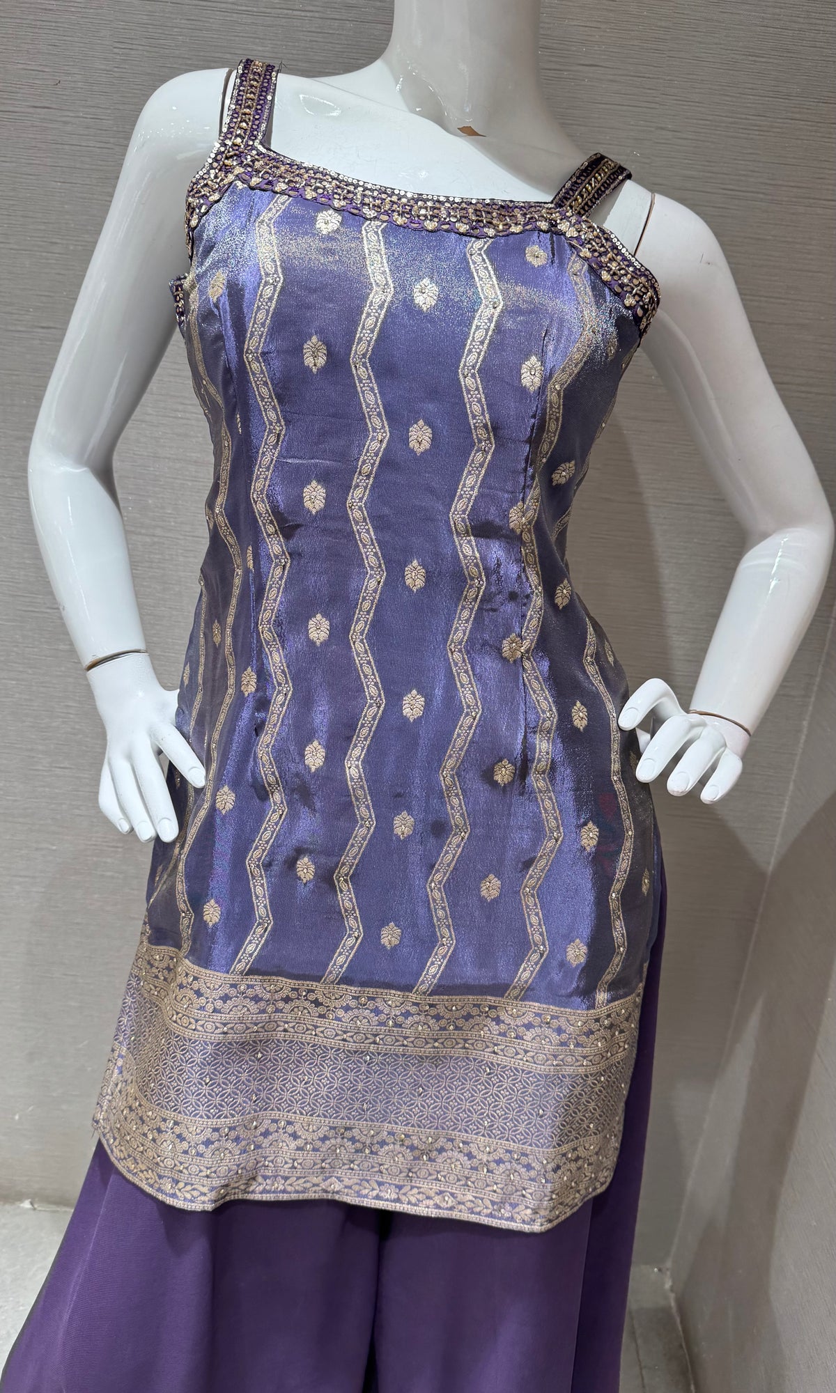 Purple Golden Georgette Flared Sharara set with Dupatta