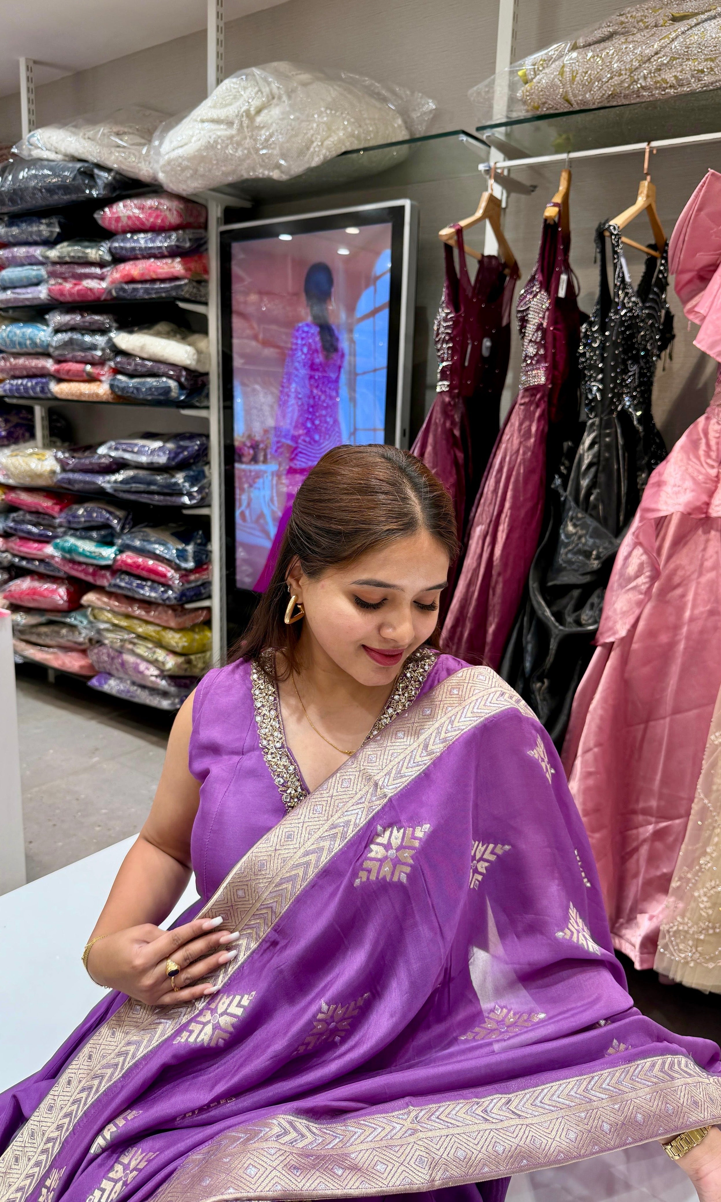 Purple Banarasi Anarkali with palazzo