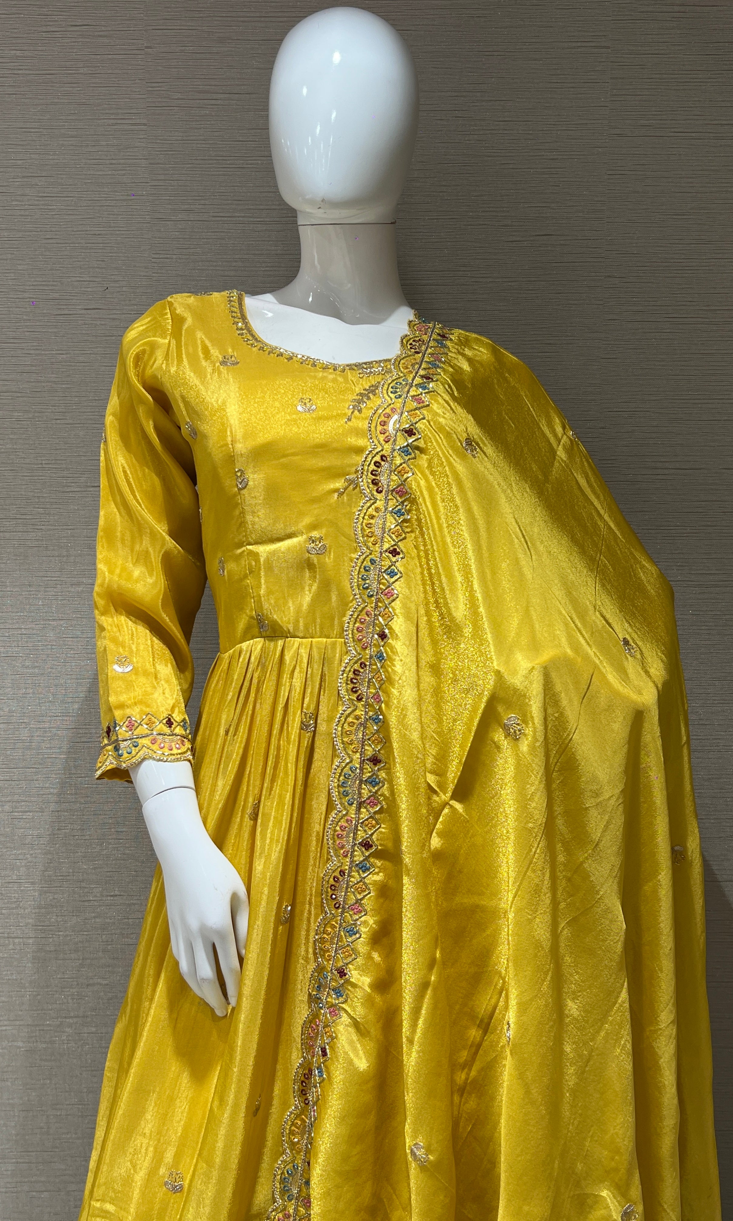 yellow long anarkali with stones embroidered