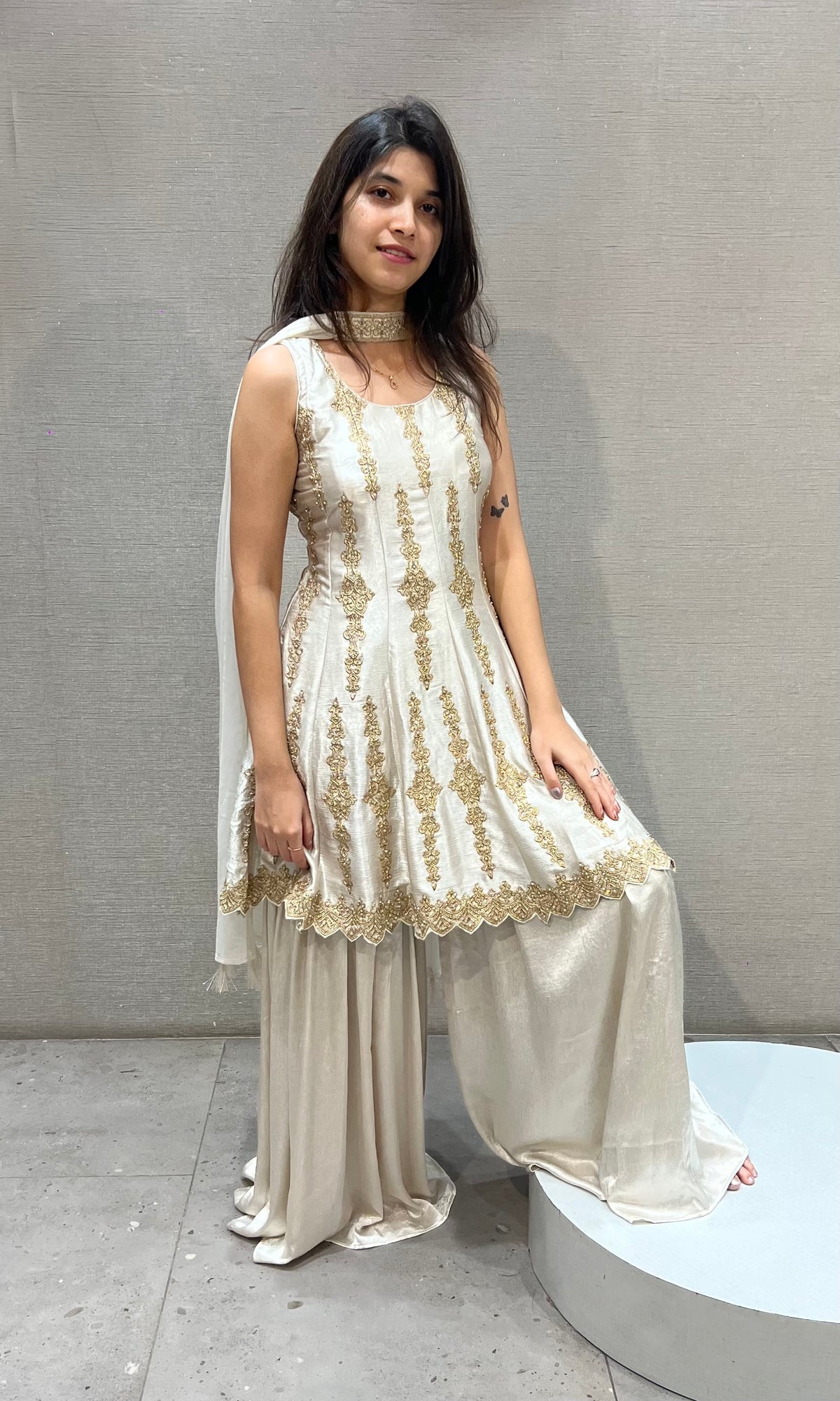Cream and Gold Satin Embroidered Palazzo Set