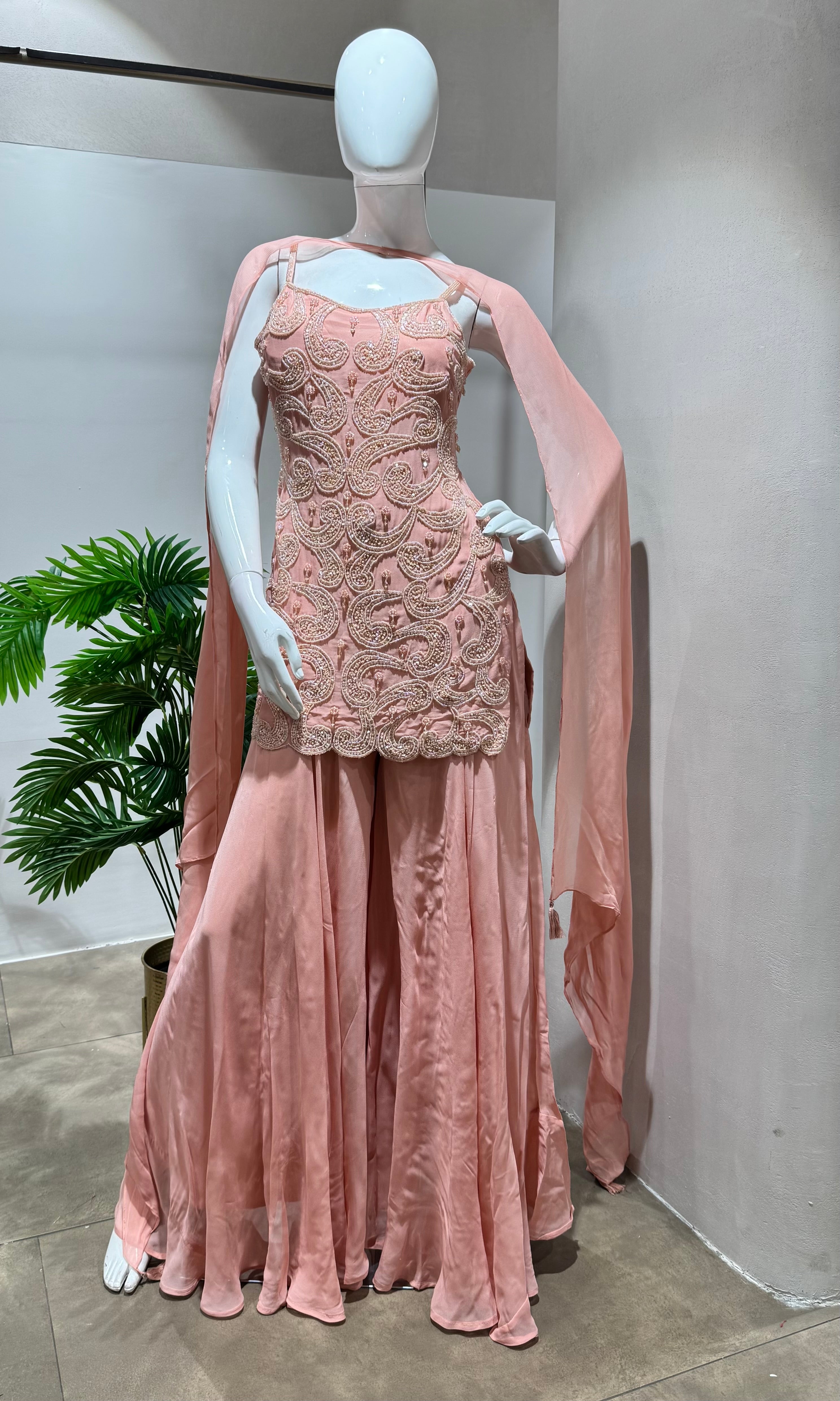 PEACH SHARARA Set with Intricate Thread Embroidery