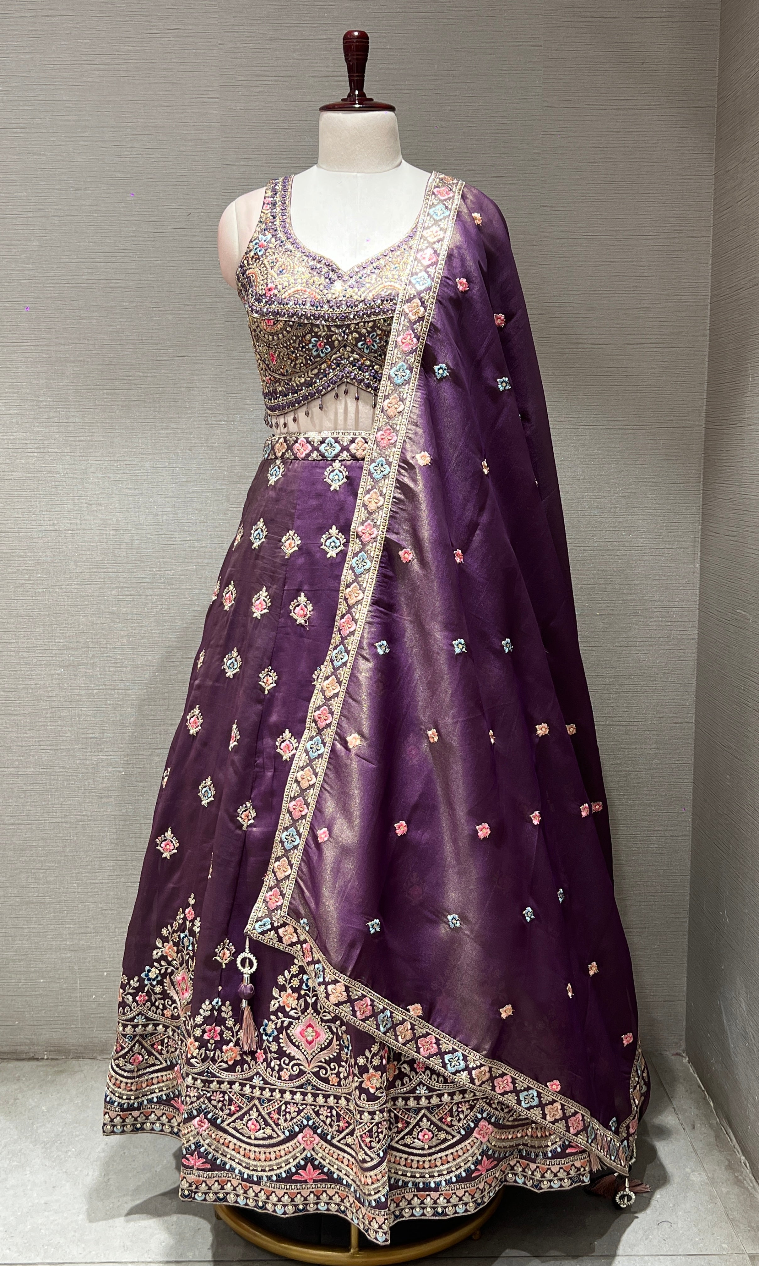 Lilac multicolour intricate embroidered Lehenga