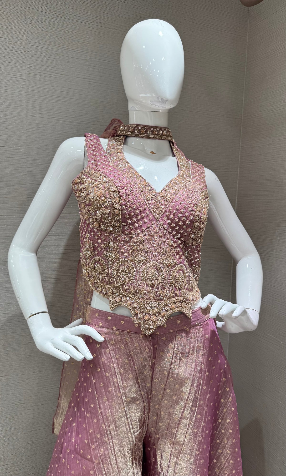 Mauve Zari Embroidered tissue silk Palazzo set