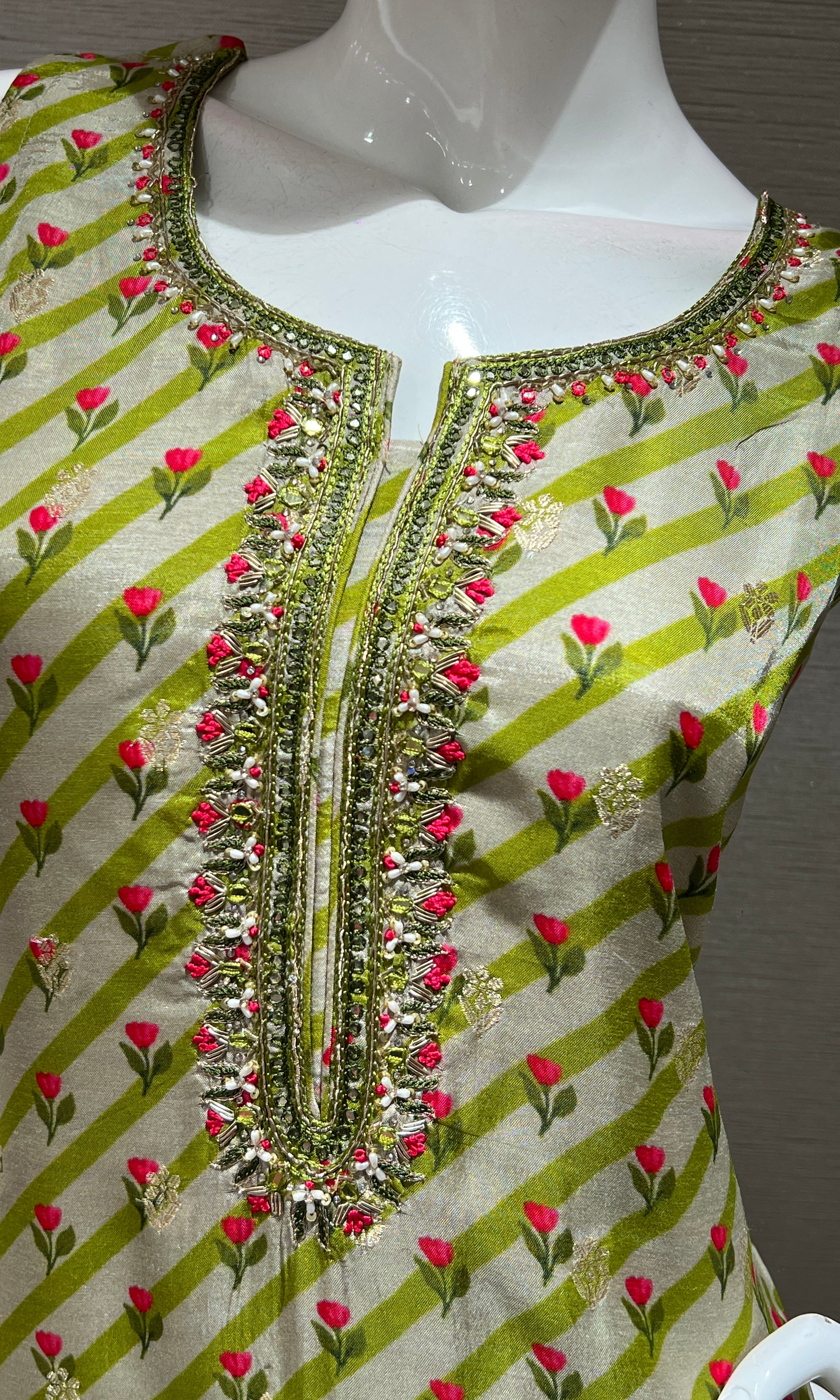 Green kurta set with floral dupatta