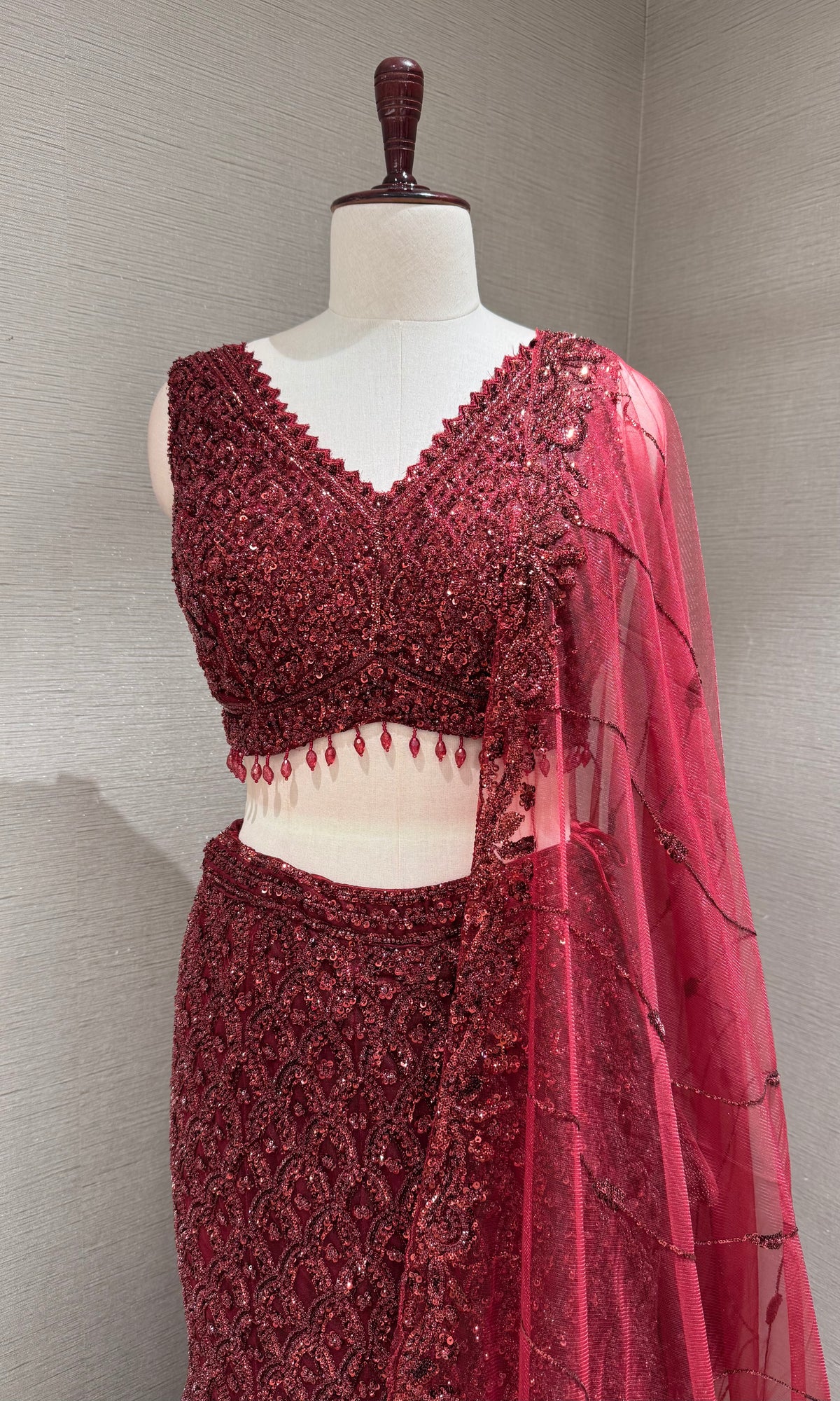 Wine Embroidered fish cut Lehenga Set with Sheer Dupatta