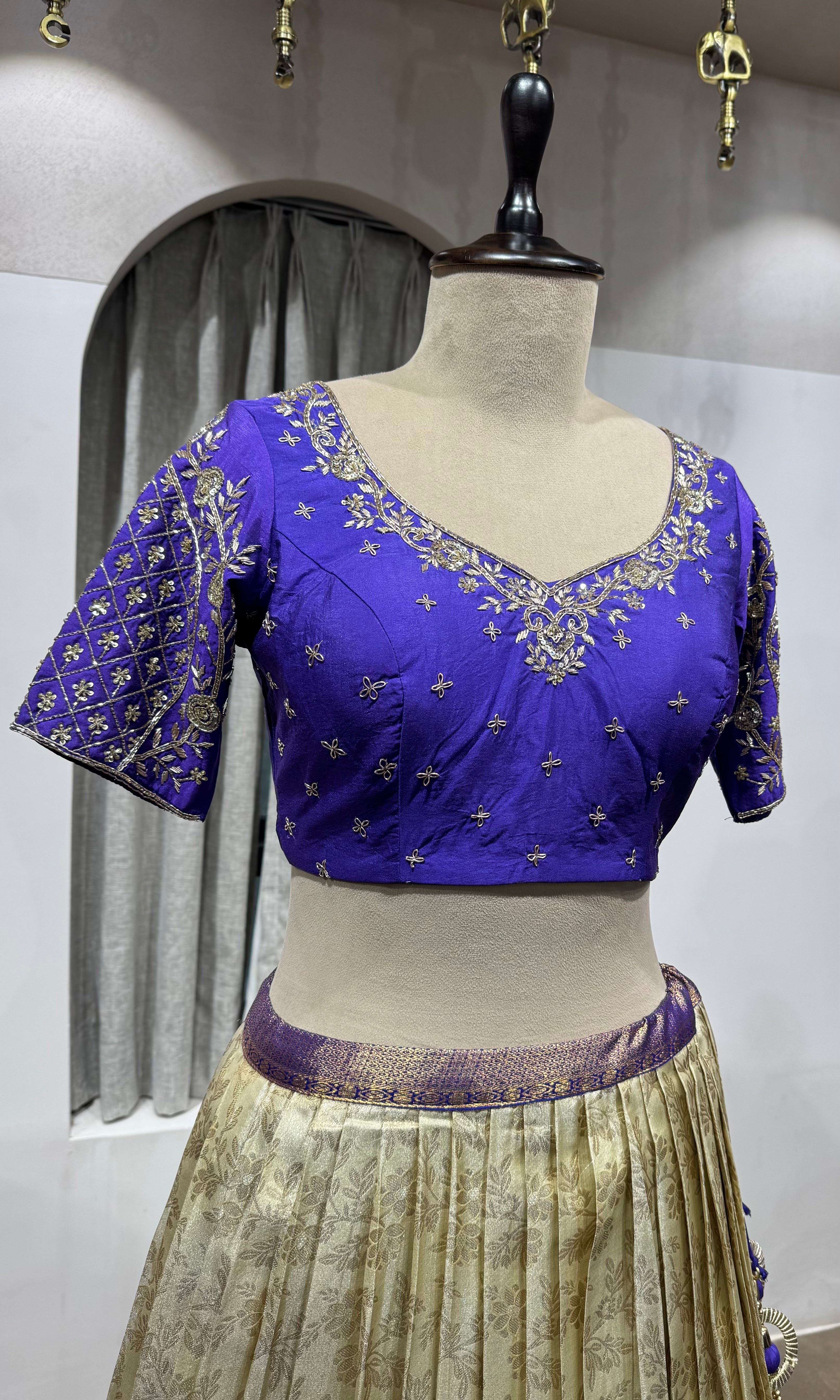 purple and cream kanjivaram Pattu lehenga