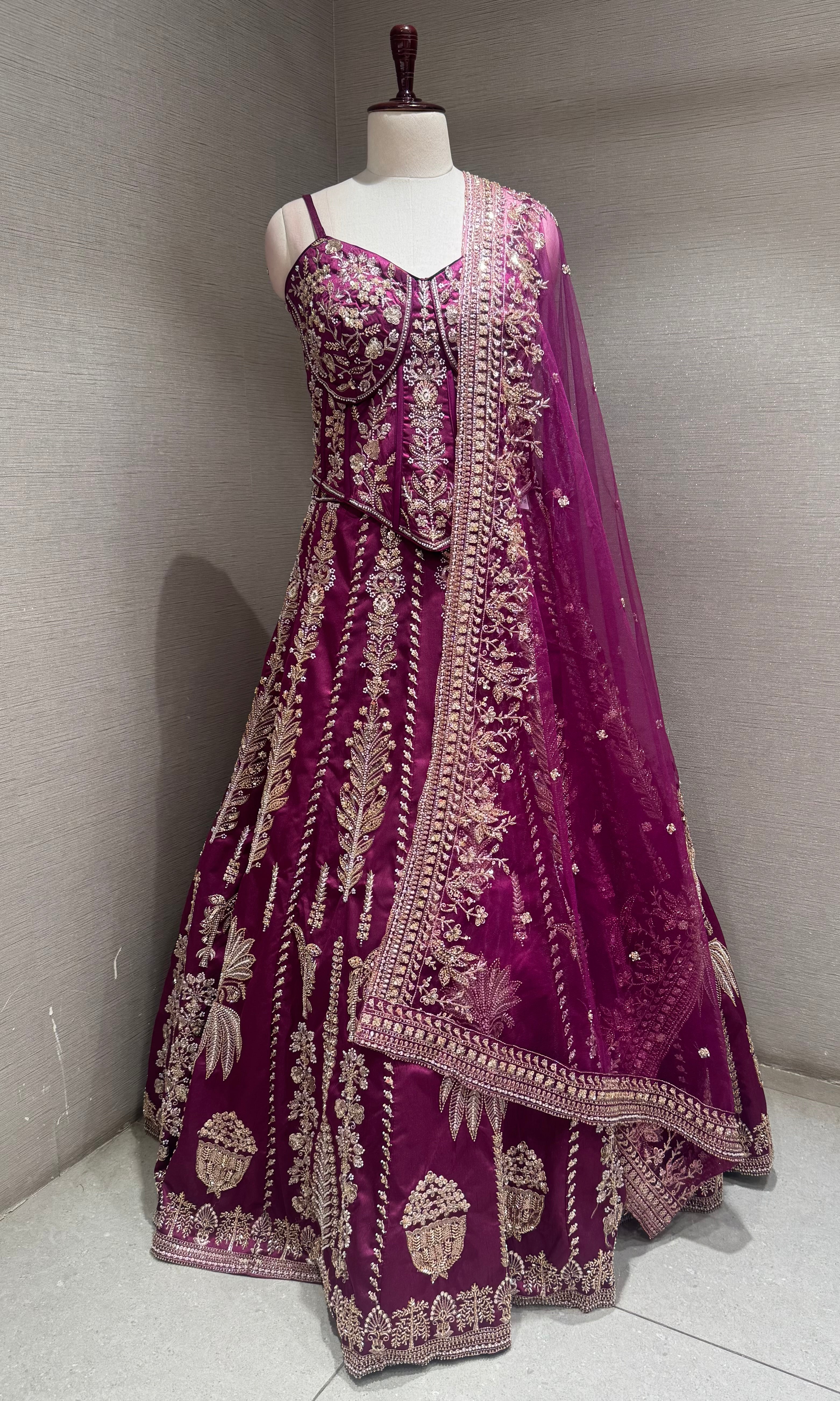 Wine embroidered peplum crop top lehenga set