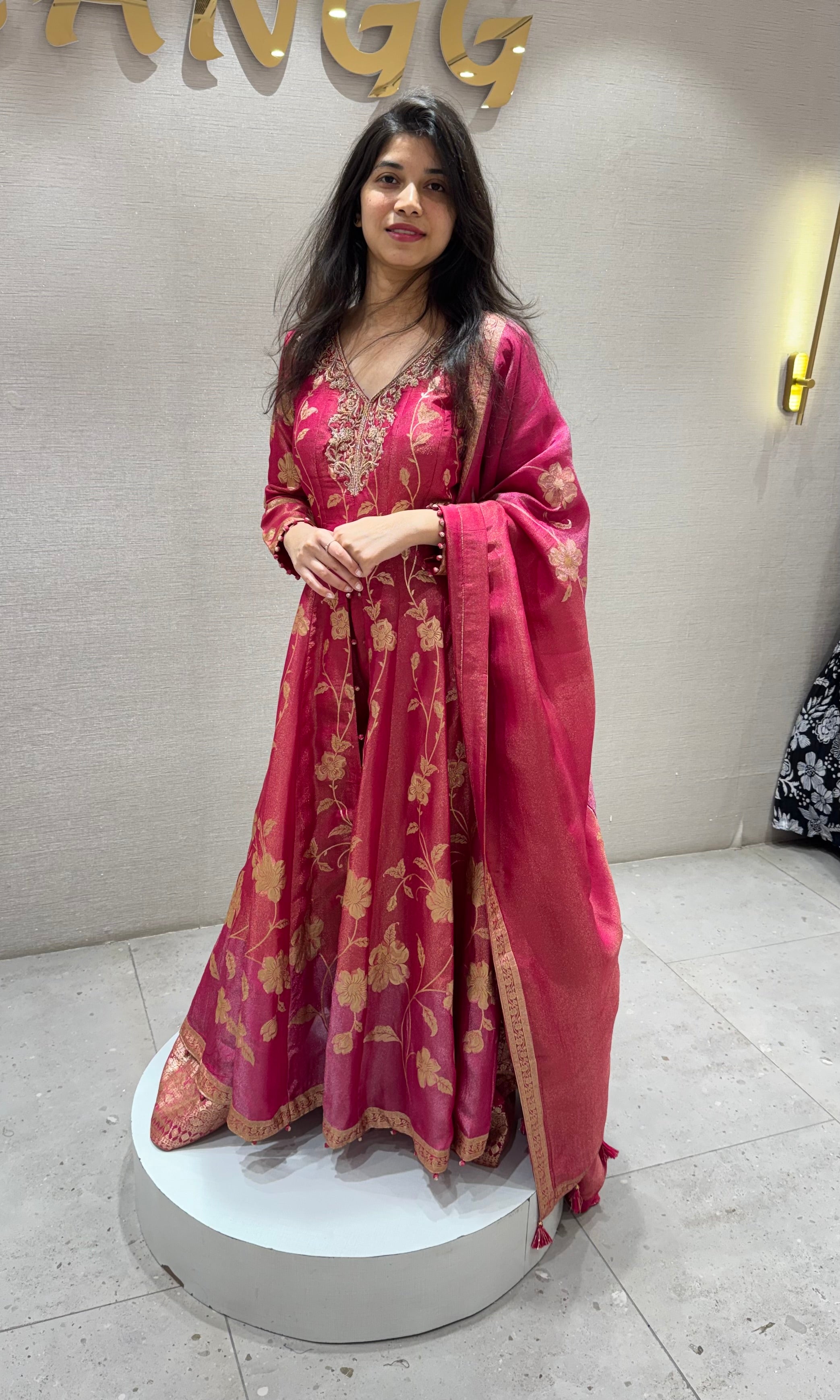 Pink GOLDEN FLORAL EMBROIDERY ANARKALI SET