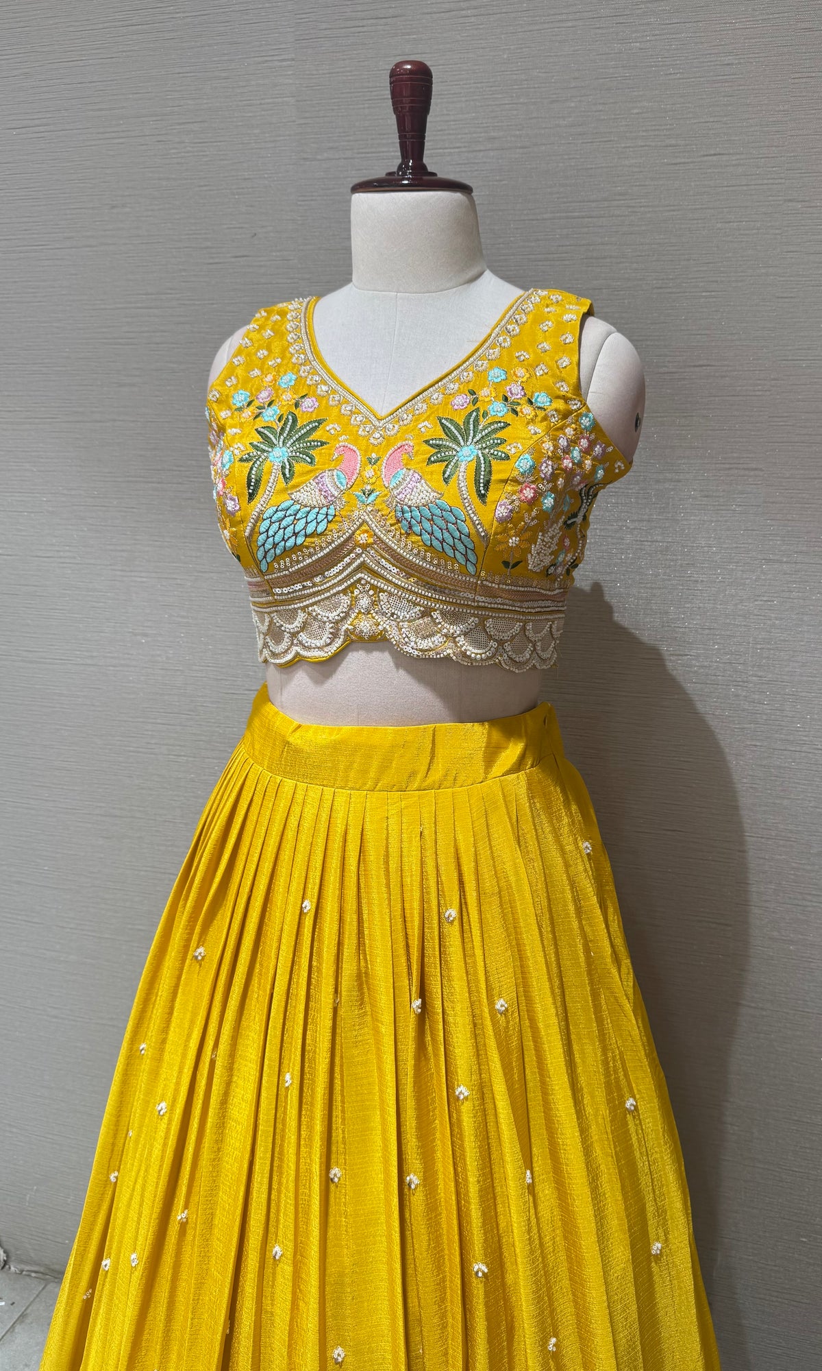 Yellow Tissue silk Lehenga with Peacock & Floral Embroidery