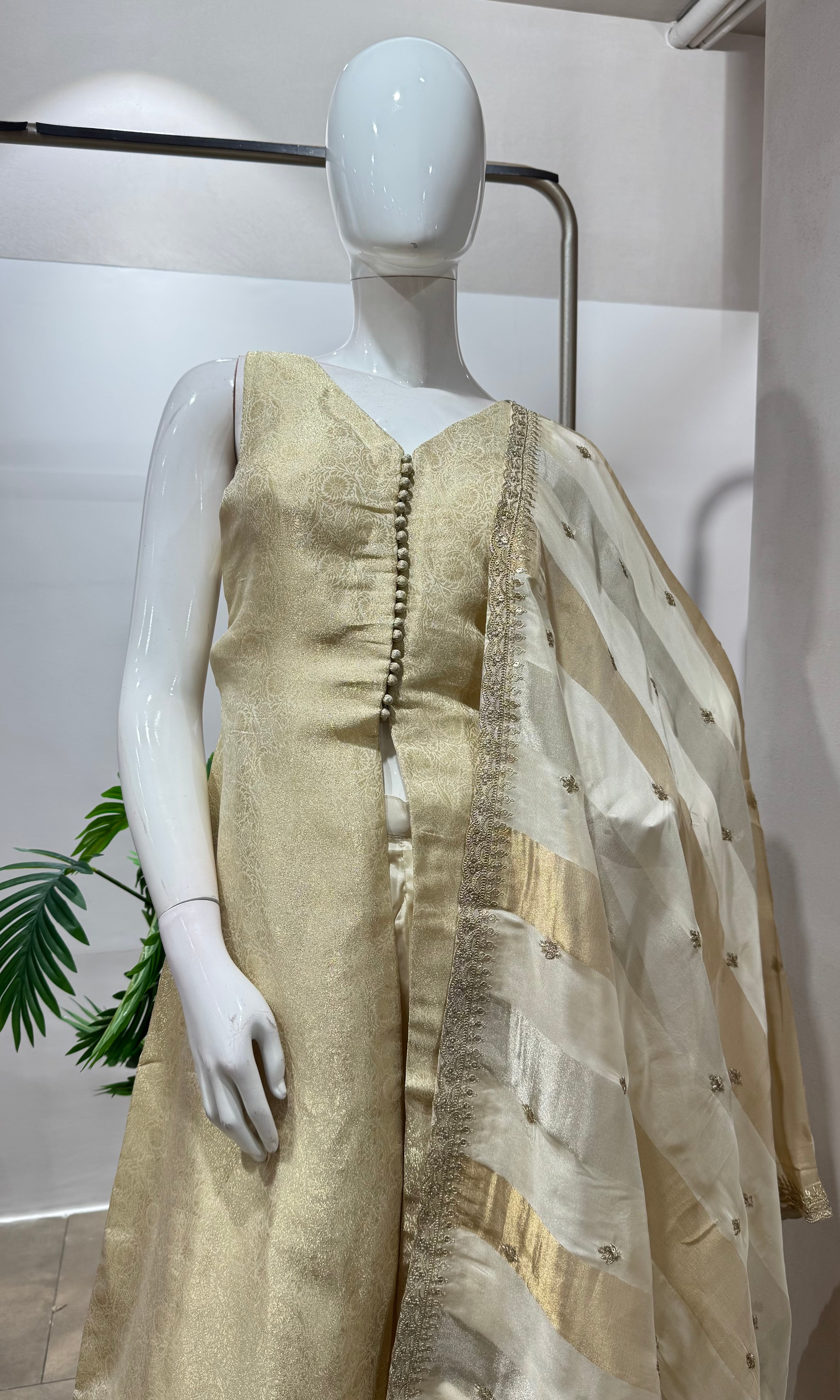 Cream AND GOLD ANARKALI WITH PALAZZO PANTS