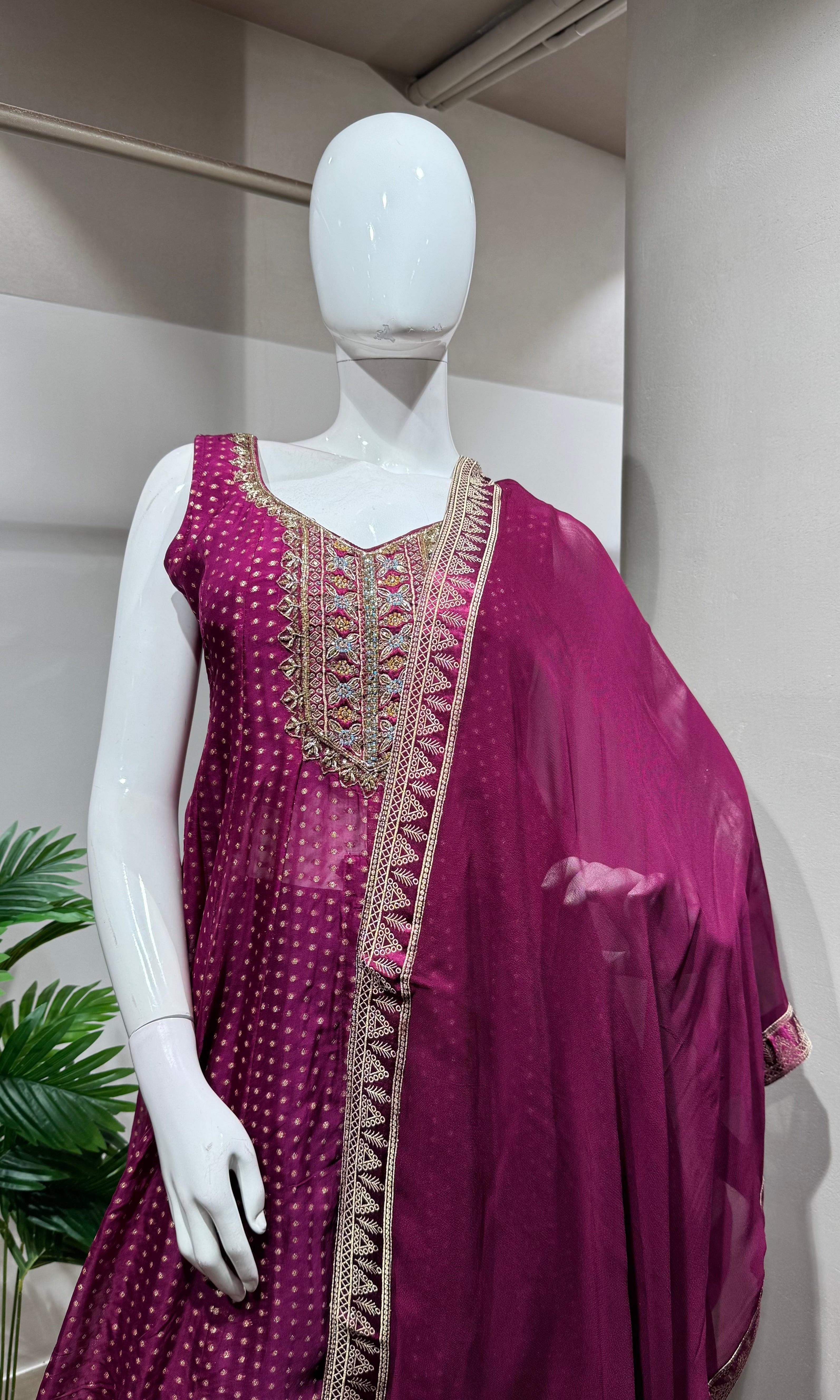 Wine Silk Blend Embroidered ANARKALI Set