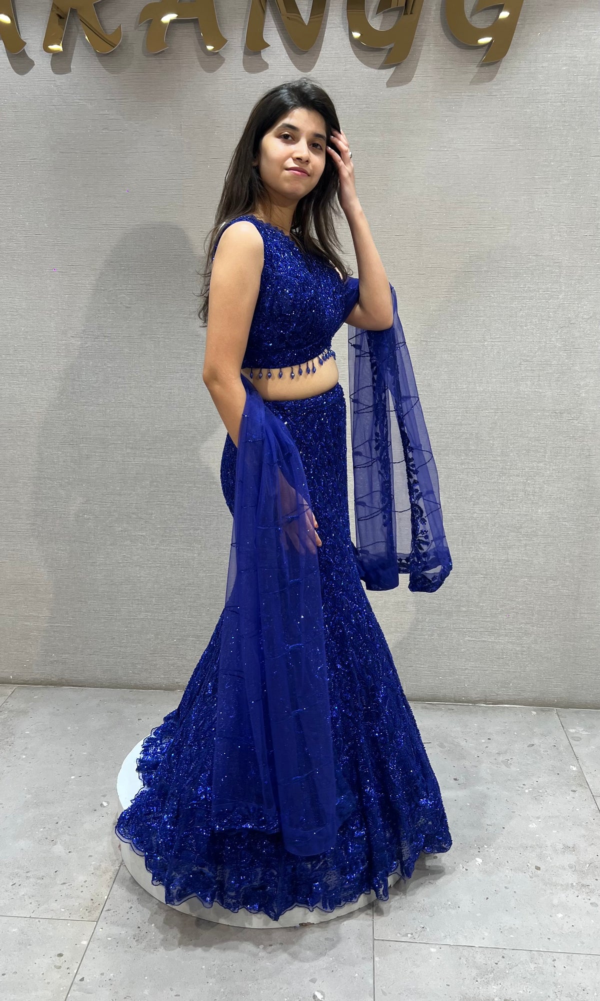 Royal Blue Sequined fish cut Lehenga Set with net dupatta