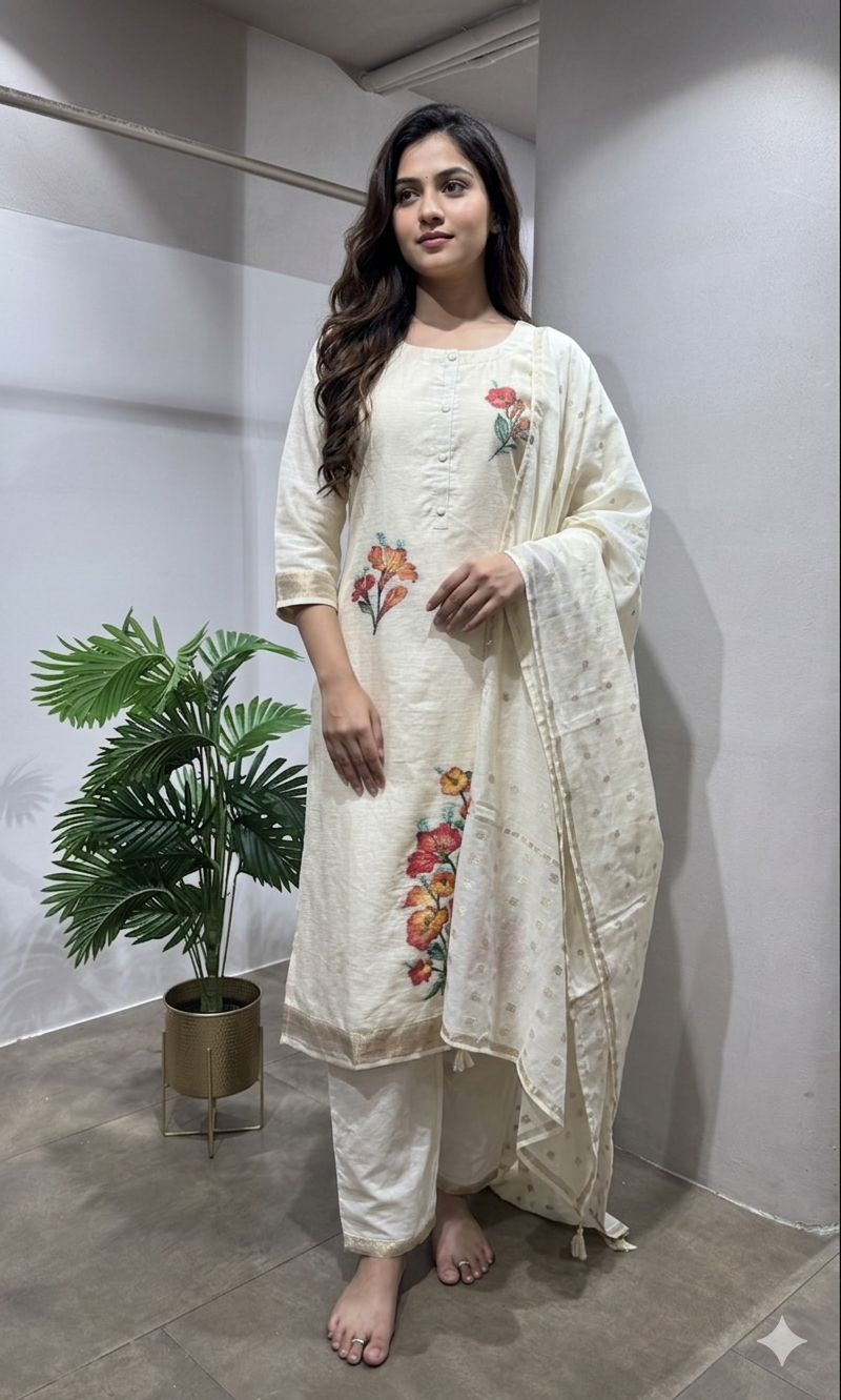 Cream floral embroidered kurta set
