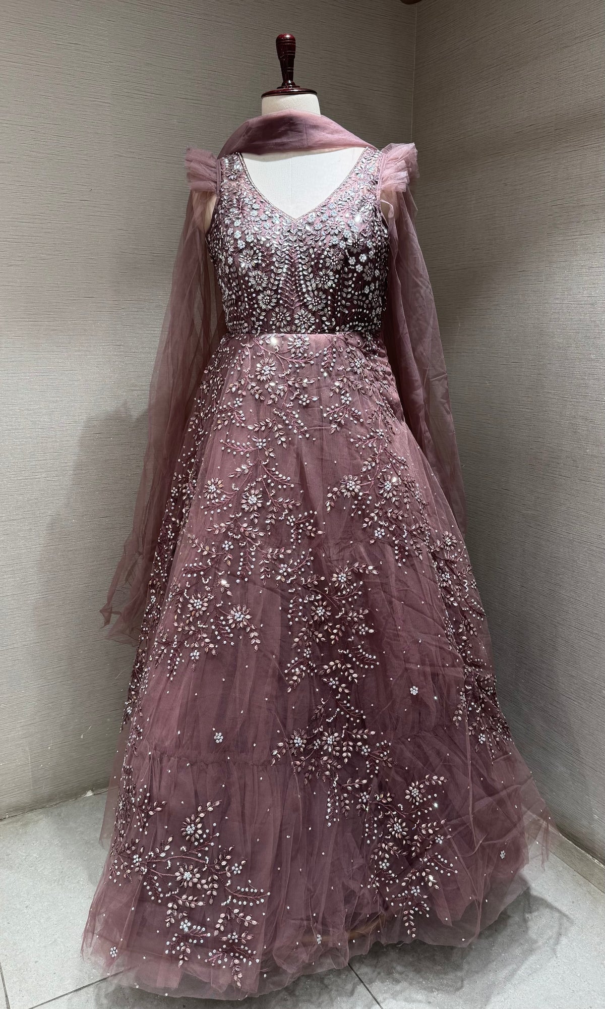Mauve Ethereal Rose Tulle Gown with Matching Dupatta