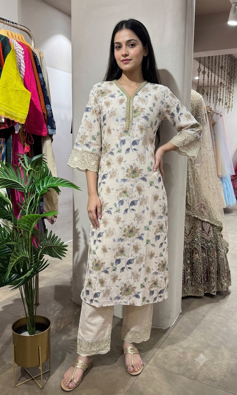 White FLORAL PRINT ETHNIC KURTI SET