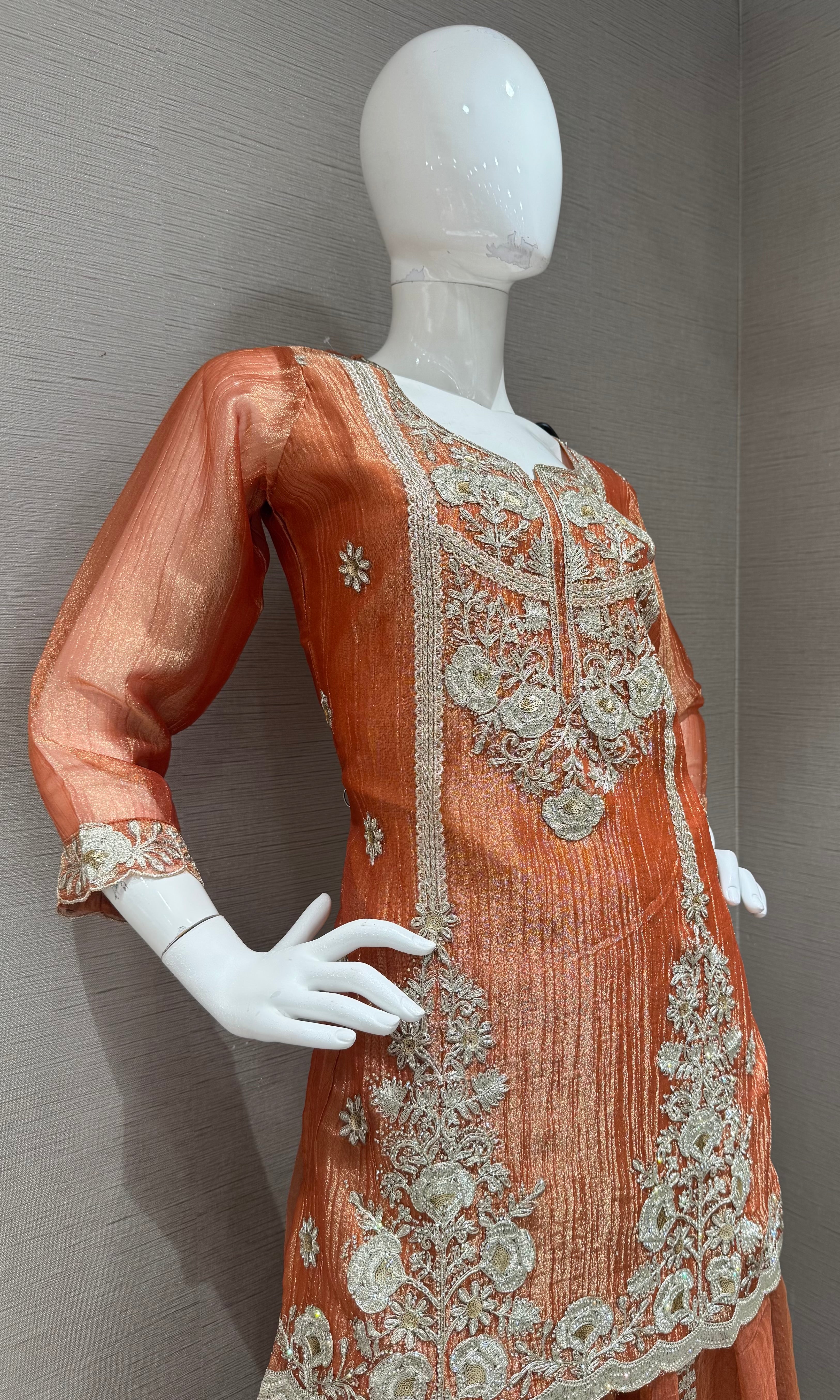 Rust Embroidered Sharara Set with Sheer Dupatta