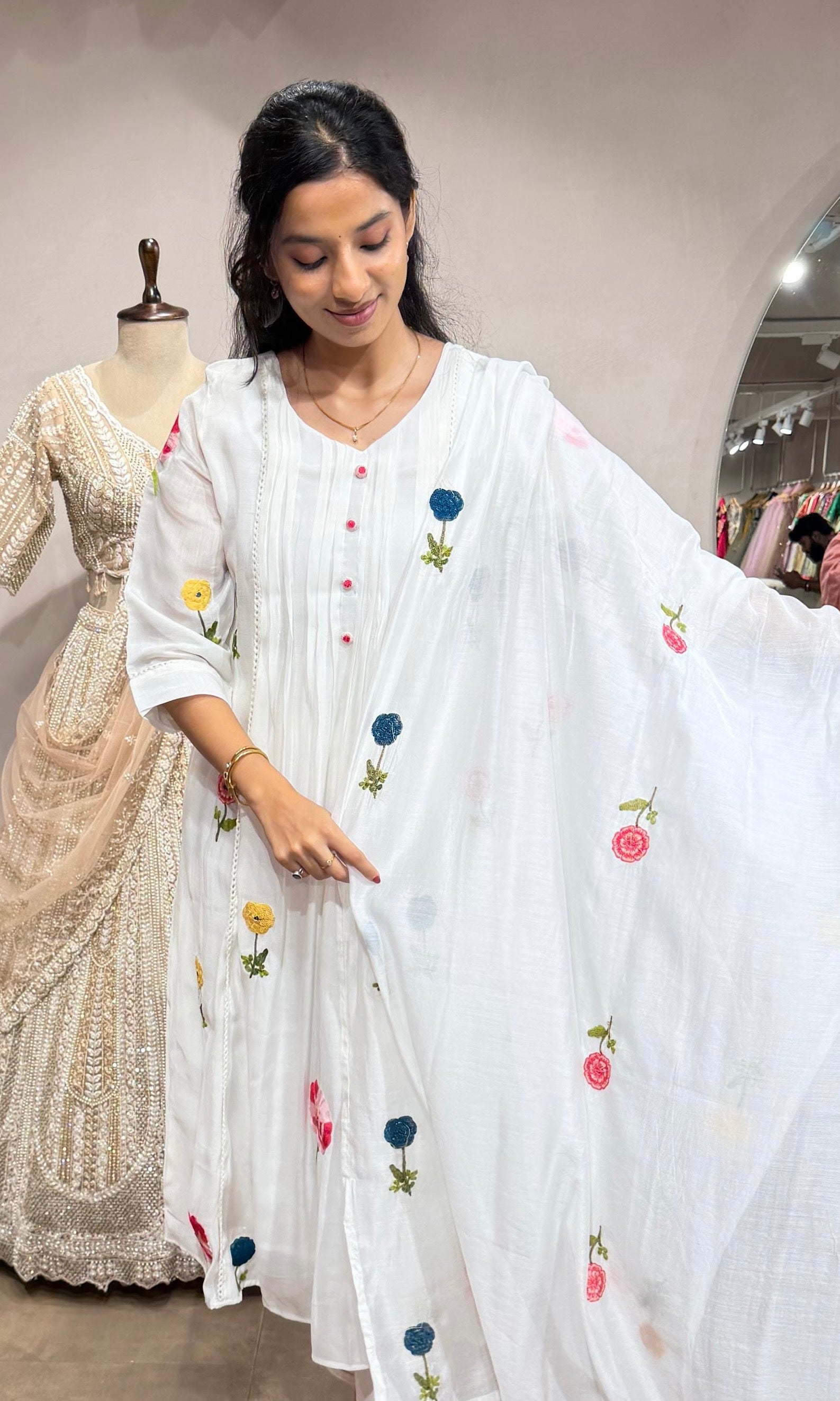 White Floral Kurta Pant Set with Dupatta